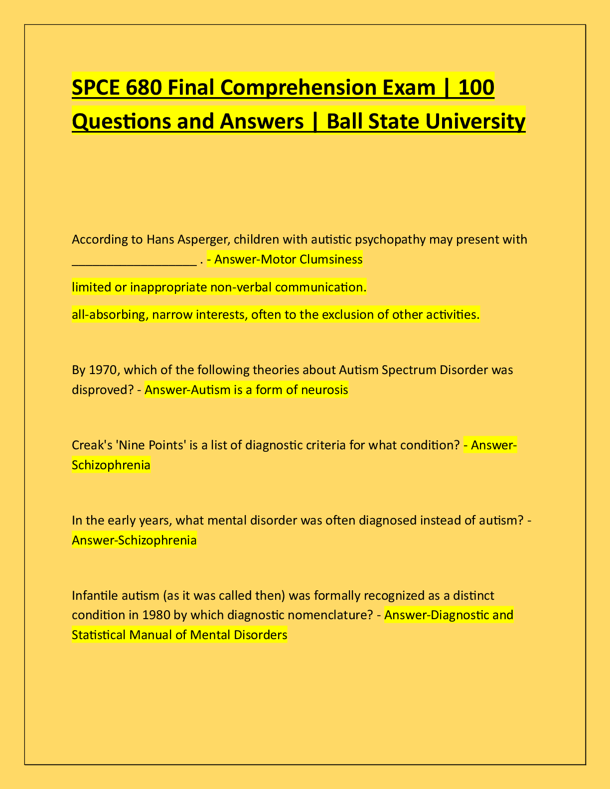 Preview of SPCE 680 Final Comprehension Exam | 100  Questions and Answers | Ball State University