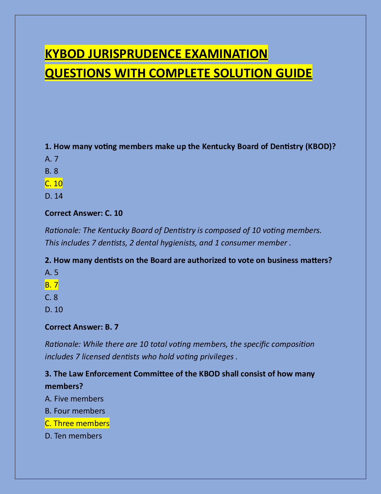 Preview of KYBOD JURISPRUDENCE EXAMINATION  QUESTIONS WITH COMPLETE SOLUTION GUIDE