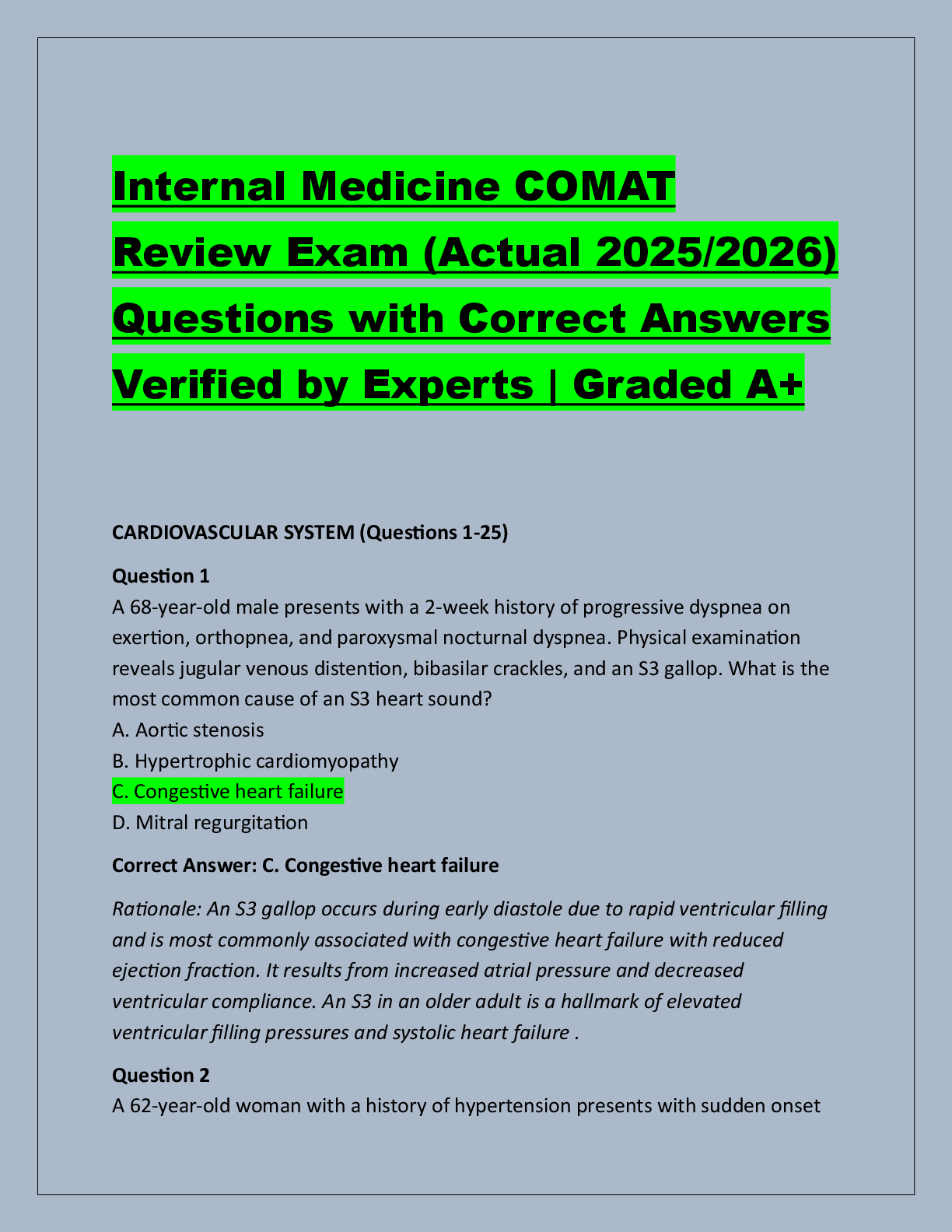 Preview of Internal Medicine COMAT  Review Exam (Actual 2025/2026)  Questions with Correct Answers  V