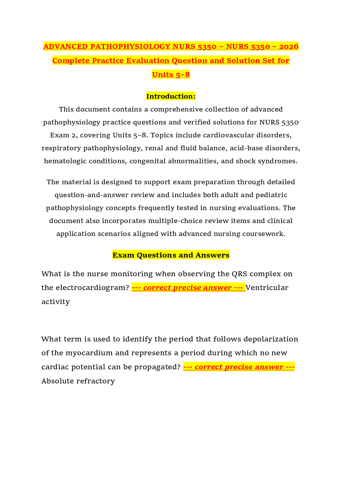 Preview of ADVANCED PATHOPHYSIOLOGY NURS 5350 – NURS 5350 – 2026 Complete Practice Evaluation Question and Solution Set for Units 5–8