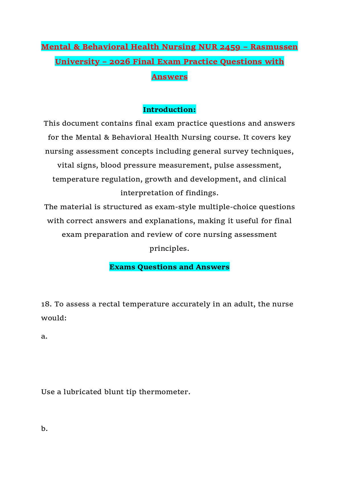 Recommended document preview for Mental & Behavioral Health Nursing NUR 2459 – Rasmussen University – 2026 Final Exam Practice Questions with Answers