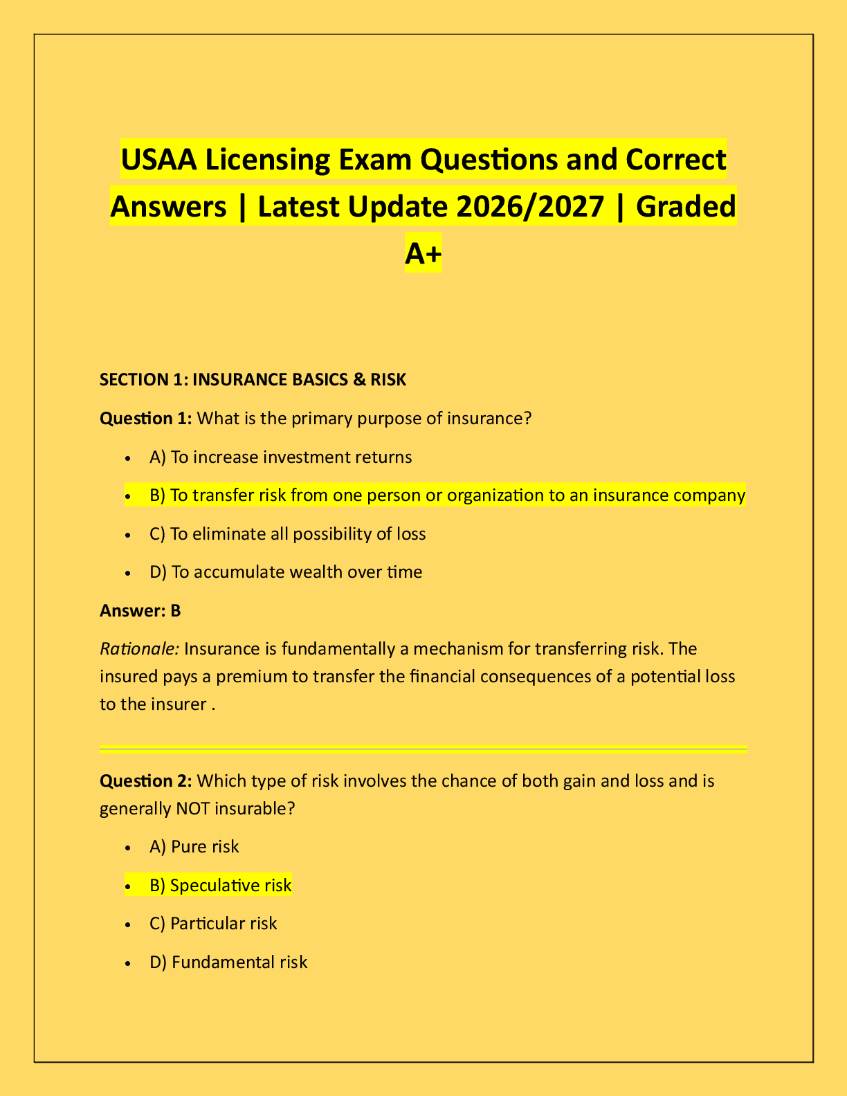 Preview of USAA Licensing Exam Questions and Correct  Answers | Latest Update 2026/2027 | Graded  A+