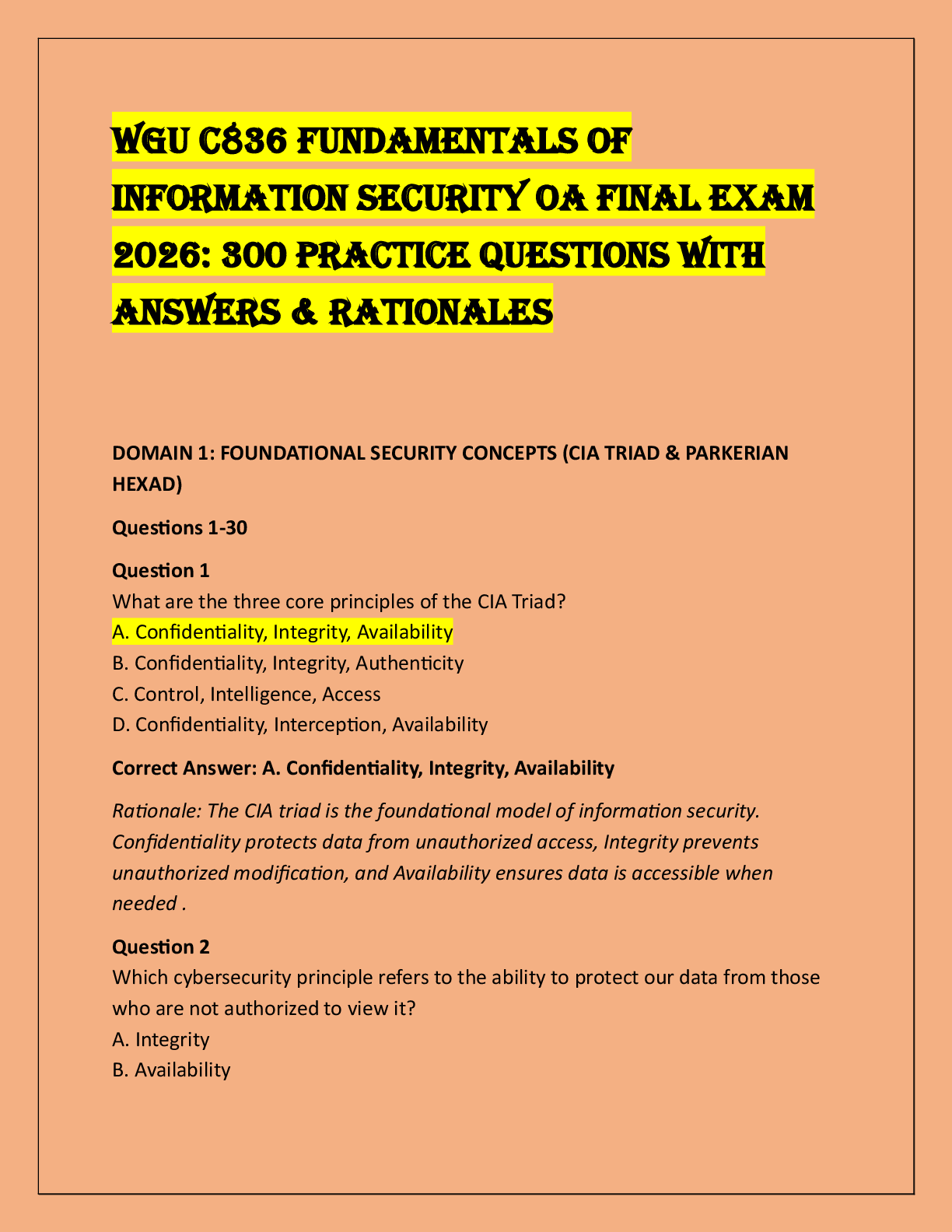 WGU C836 FUndamentals oF  InFormatIon seCUrIty oa FInal exam  2026: 300 PraCtICe QUestIons WIth  ansWers & ratIonales