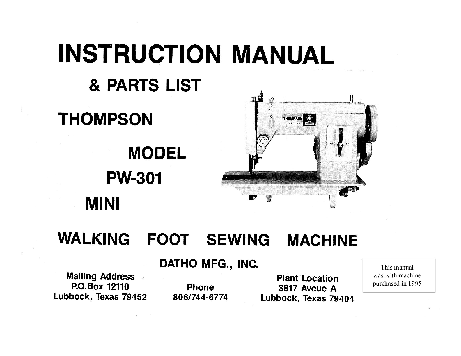 Preview of THOMPSON Sewing Machine PW-301 MANUAL