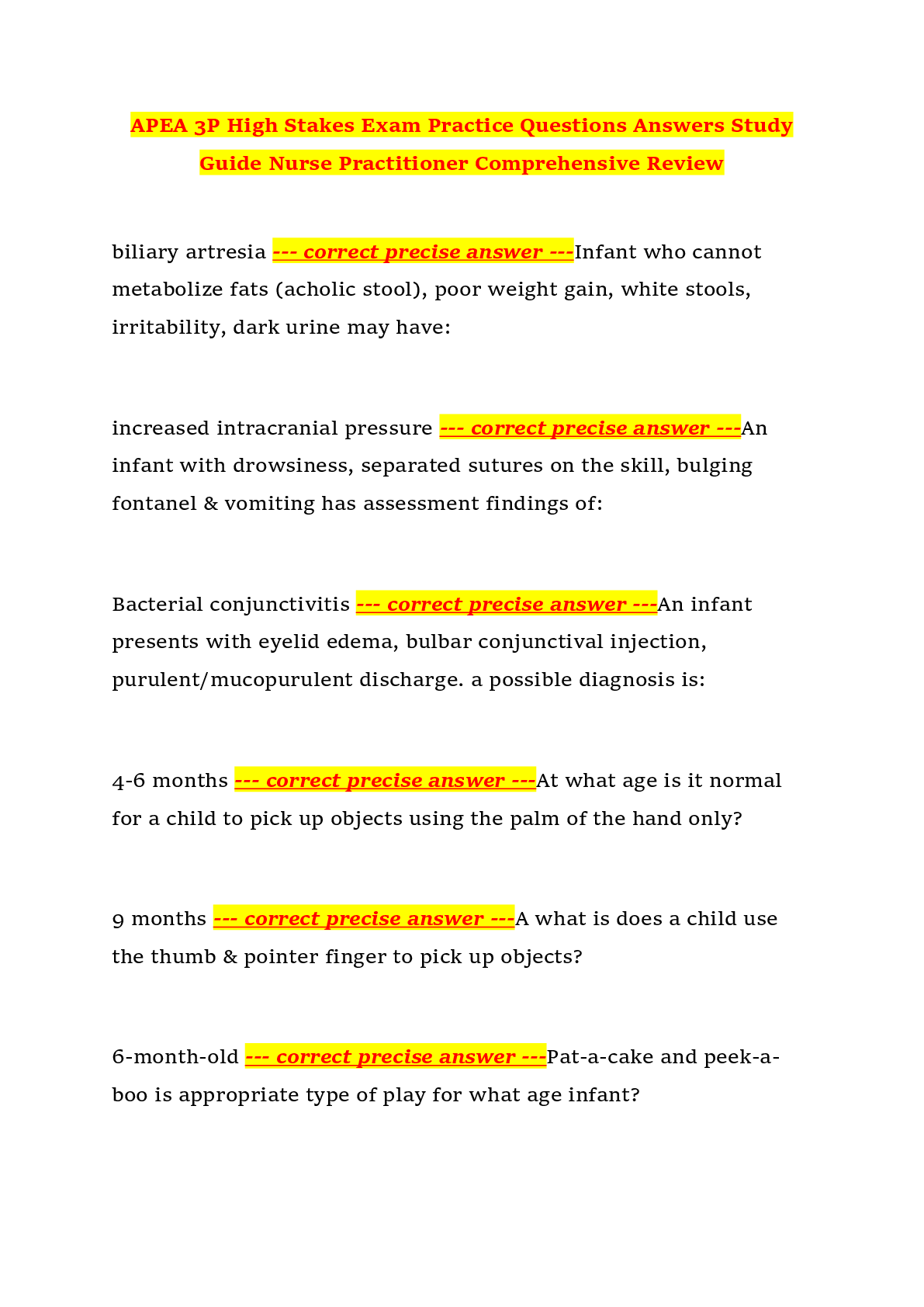 Preview of APEA 3P High Stakes Exam Practice Questions Answers Study Guide Nurse Practitioner Comprehensive Review