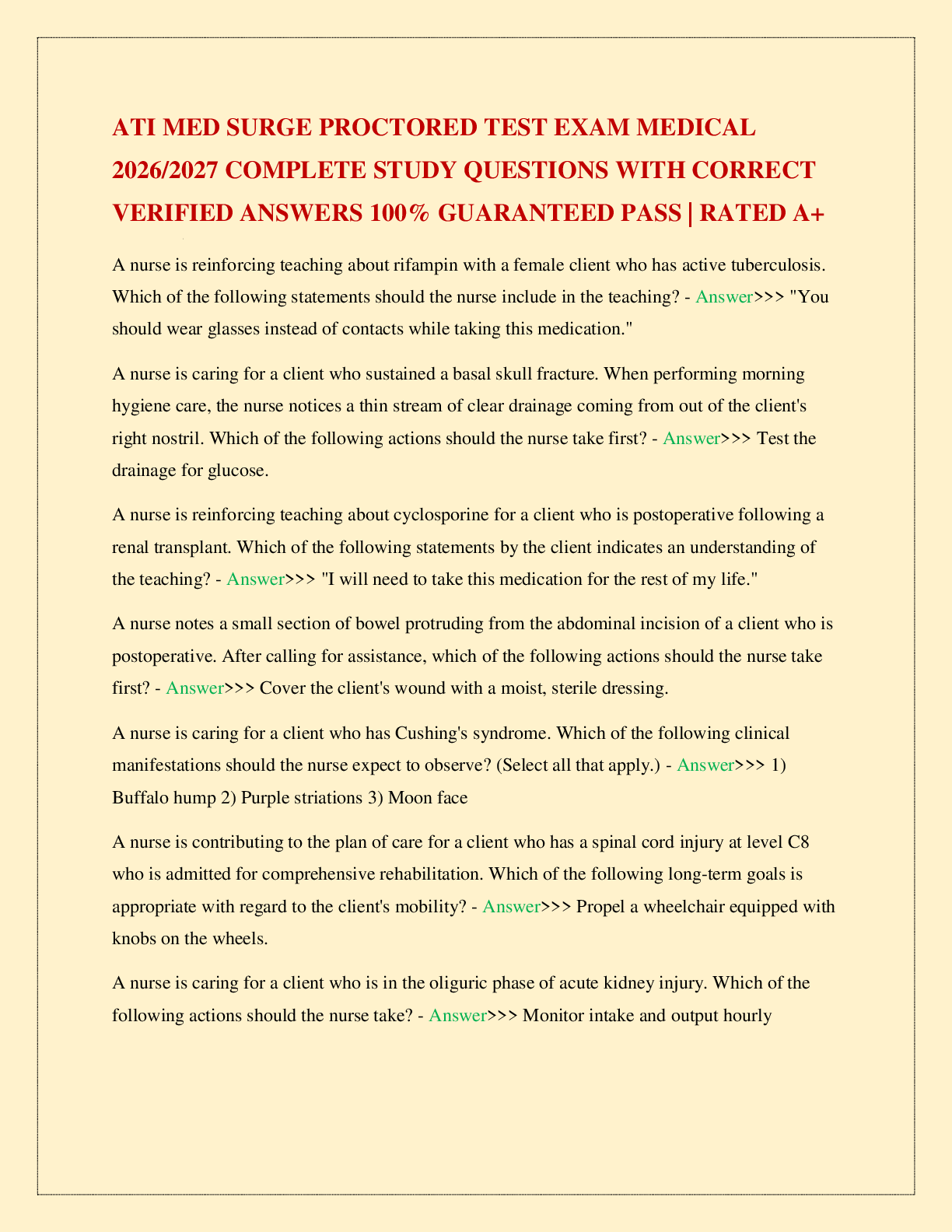 ATI MED SURGE PROCTORED TEST EXAM MEDICAL 2026/2027 COMPLETE STUDY QUESTIONS WITH CORRECT VERIFIED ANSWERS 100% GUARANTEED PASS | RATED A+