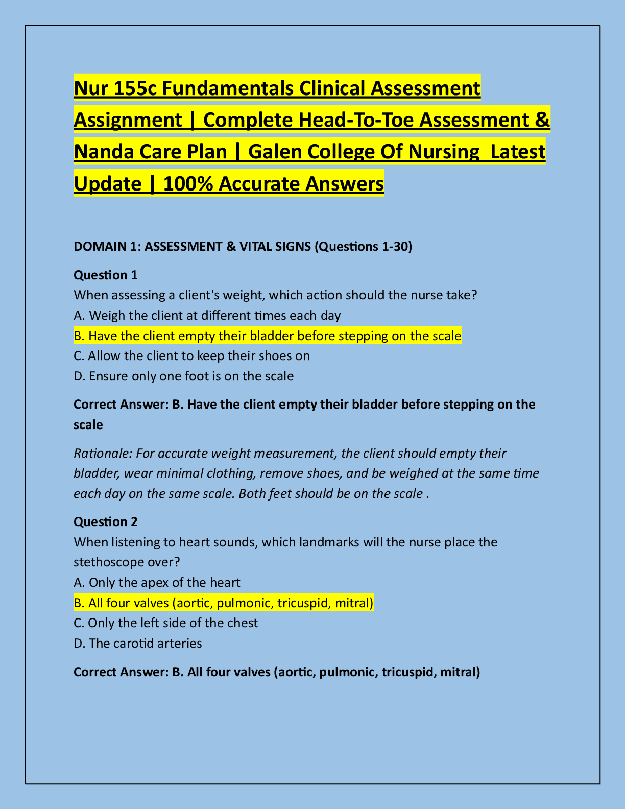 Recommended document preview for Nur 155c Fundamentals Clinical Assessment  Assignment | Complete Head-To-Toe Assessment &  Nanda Care Plan | Galen College Of Nursing  Latest  Update | 100% Accurate Answers