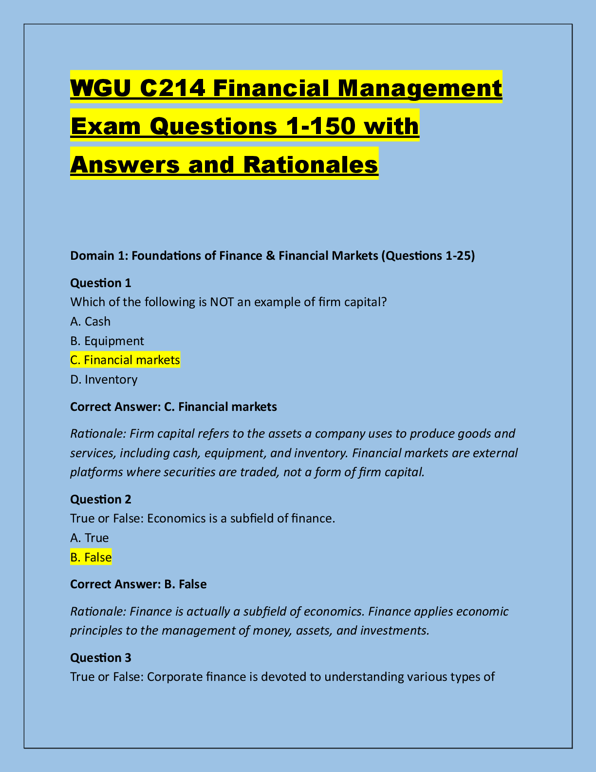 Recommended document preview for WGU C214 Financial Management  Exam Questions 1-150 with  Answers and Rationales