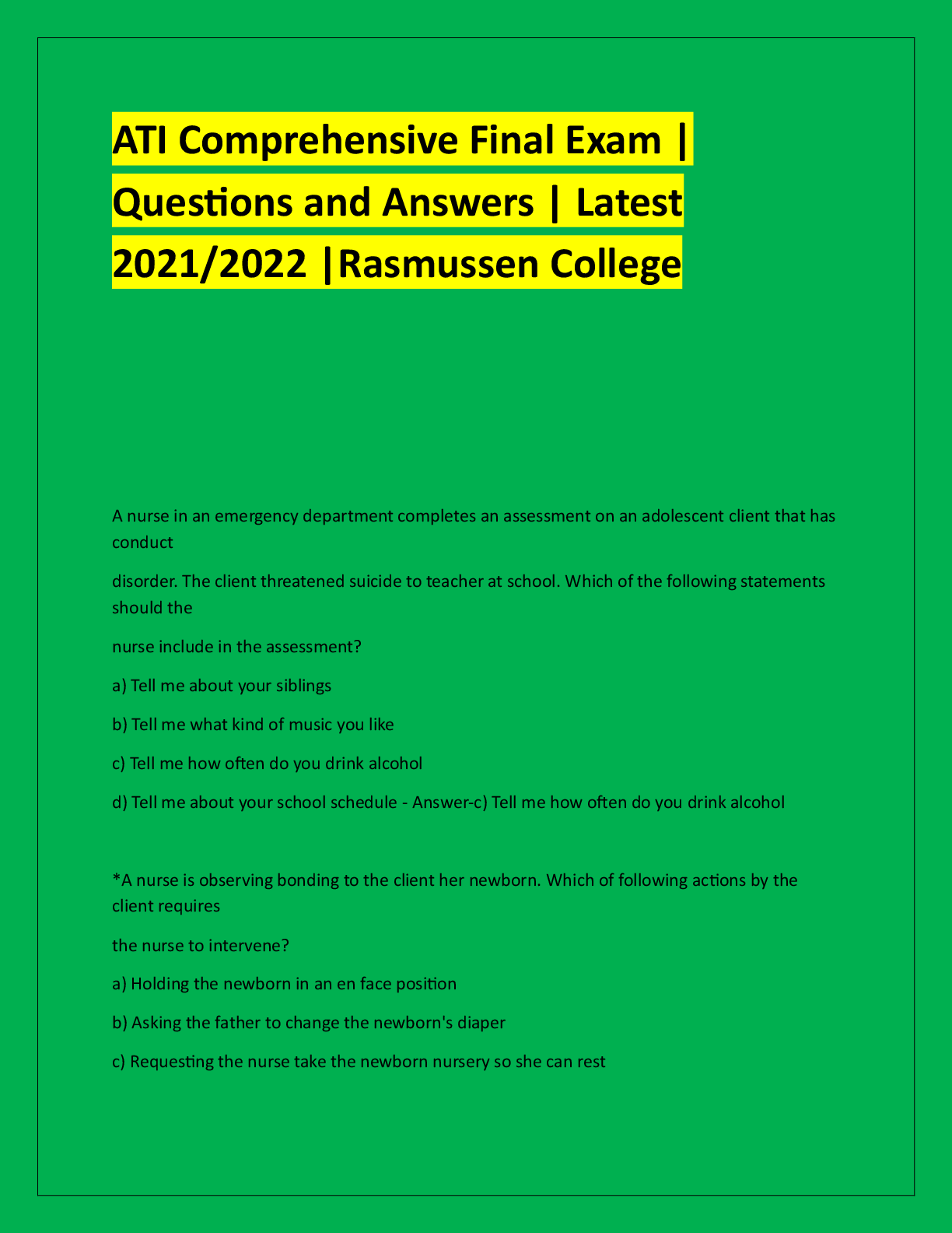 Recommended document preview for ATI Comprehensive Final Exam |  Questions and Answers | Latest  2021/2022 |Rasmussen College