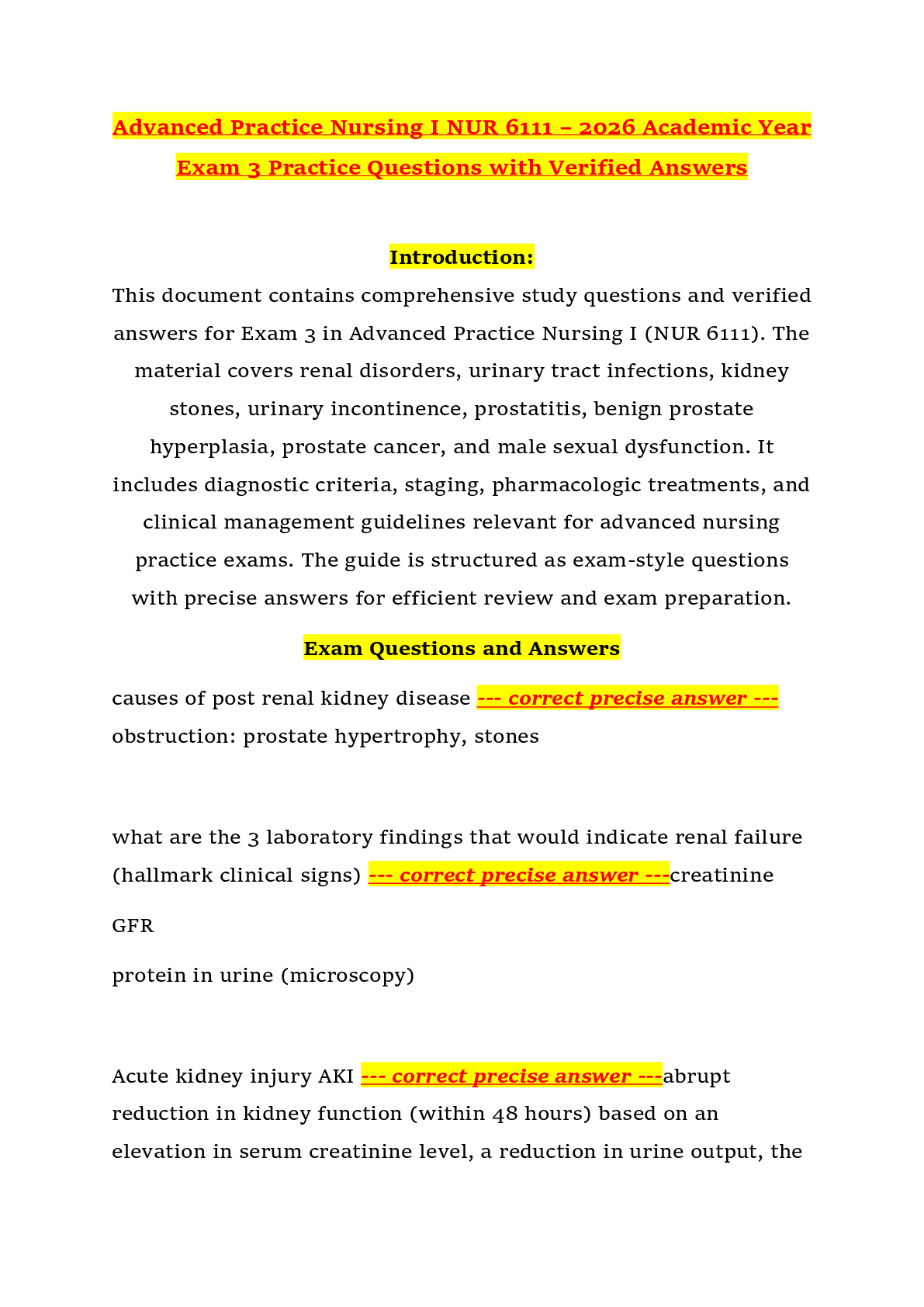 Preview of Advanced Practice Nursing I NUR 6111 – 2026 Academic Year Exam 3 Practice Questions with Verified Answers