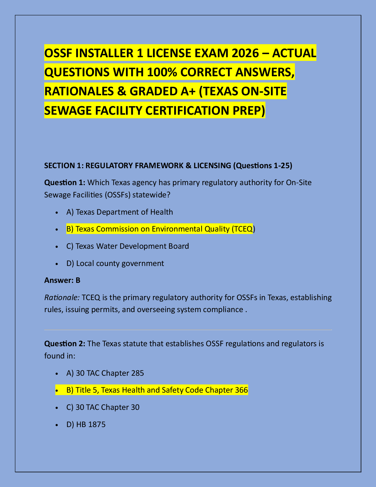 Recommended document preview for OSSF INSTALLER 1 LICENSE EXAM 2026 – ACTUAL  QUESTIONS WITH 100% CORRECT ANSWERS,  RATIONALES & GRADED A+ (TEXAS ON-SITE  SEWAGE FACILITY CERTIFICATION PREP)