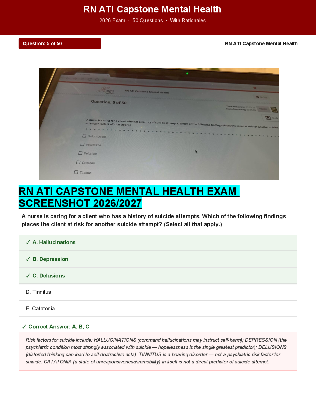 Recommended document preview for RN ATI CAPSTONE MENTAL HEALTH EXAM  SCREENSHOTS 2026/2027 VERIFIED