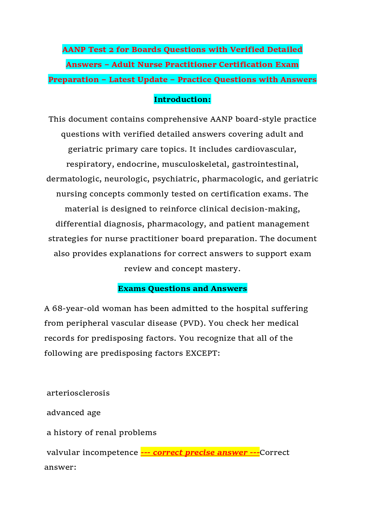 Recommended document preview for AANP Test 2 for Boards Questions with Verified Detailed Answers – Adult Nurse Practitioner Certification Exam Preparation – Latest Update – Practice Questions with Answers