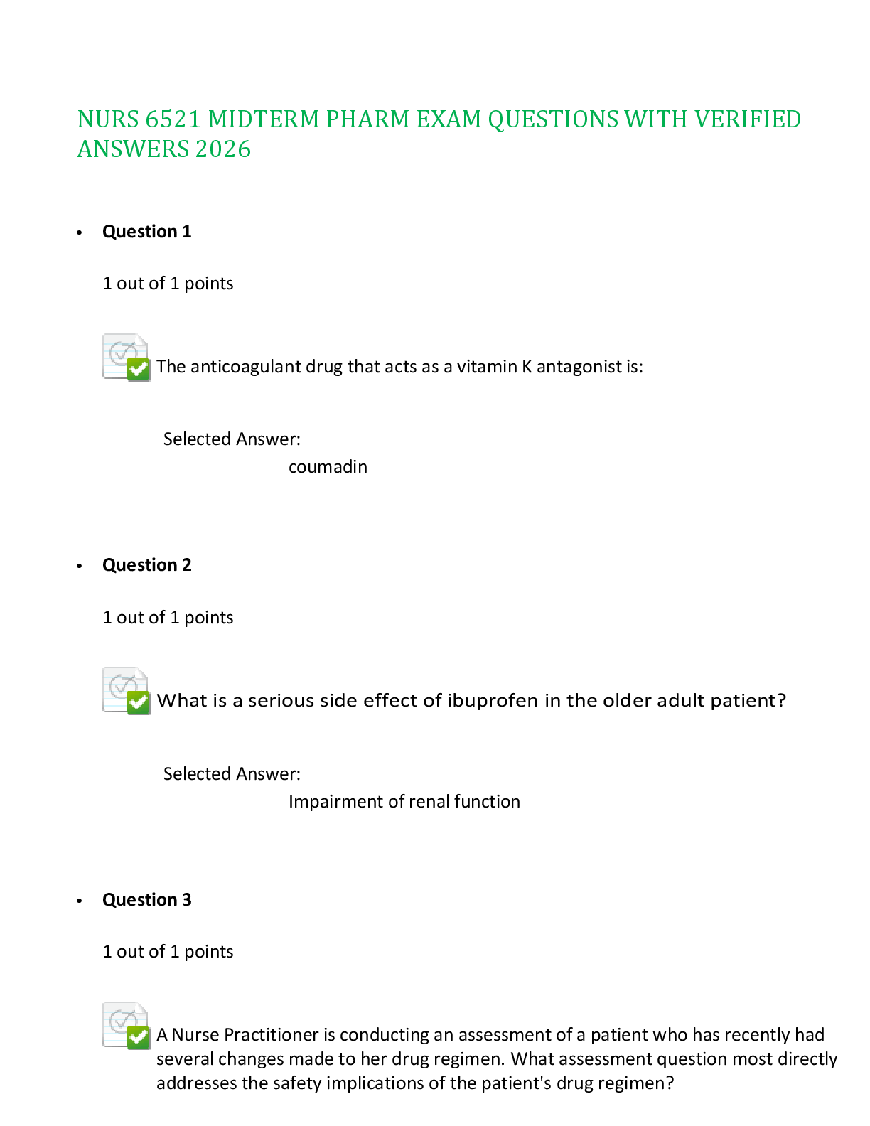 Preview of NURS 6521 MIDTERM PHARM EXAM QUESTIONS WITH VERIFIED ANSWERS 2026,100%CORRECT