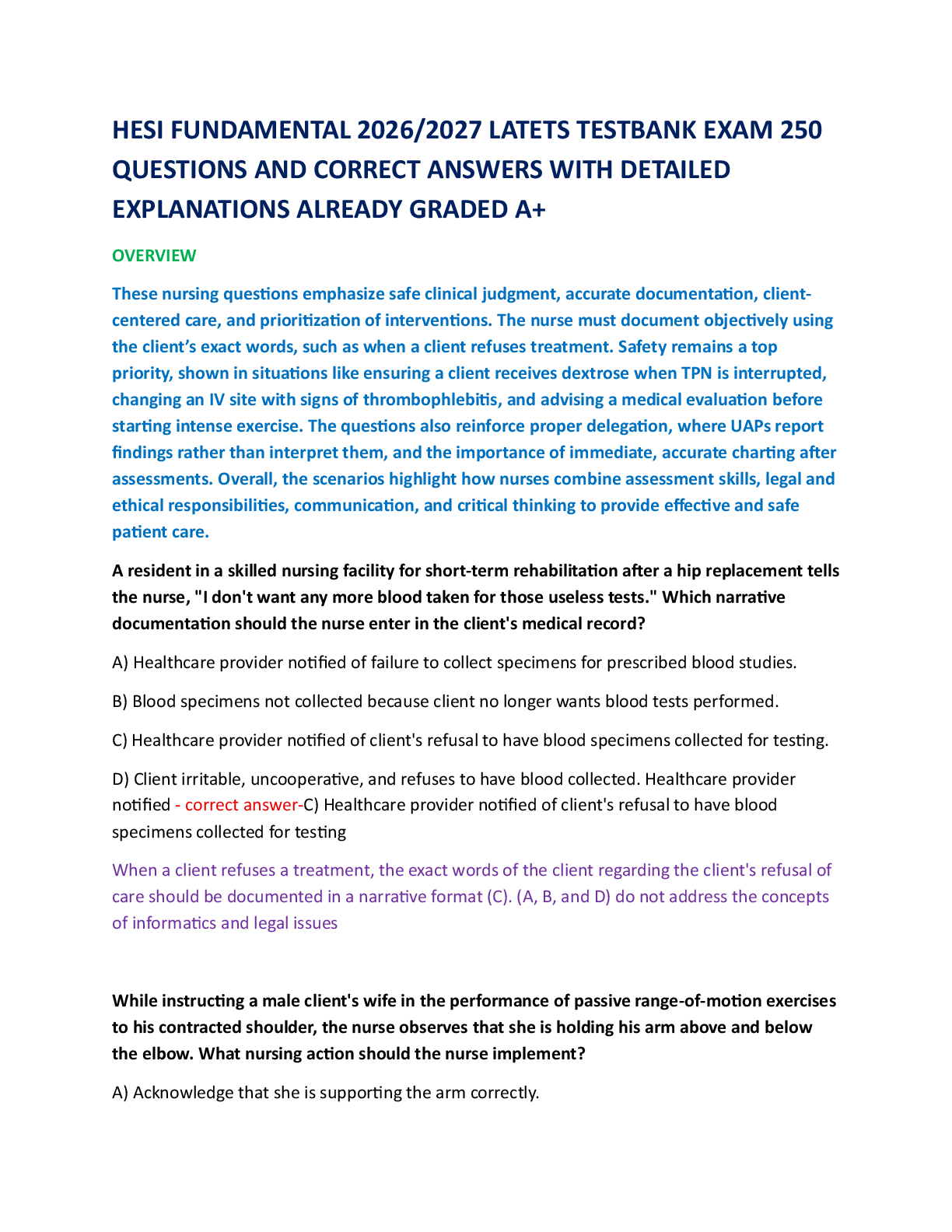 Recommended document preview for HESI FUNDAMENTAL 2026/2027 LATETS TESTBANK EXAM 250  QUESTIONS AND CORRECT ANSWERS WITH DETAILED  EXPLANATIONS ALREADY GRADED A+