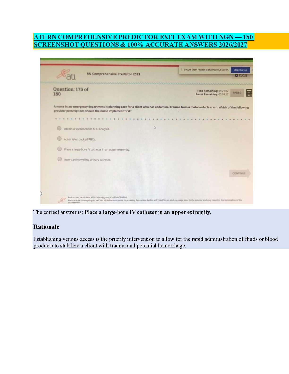 Recommended document preview for ATI RN COMPREHENSIVE PREDICTOR EXIT EXAM WITH NGN — 180  SCREENSHOT QUESTIONS & 100% ACCURATE ANSWERS 2026/2027