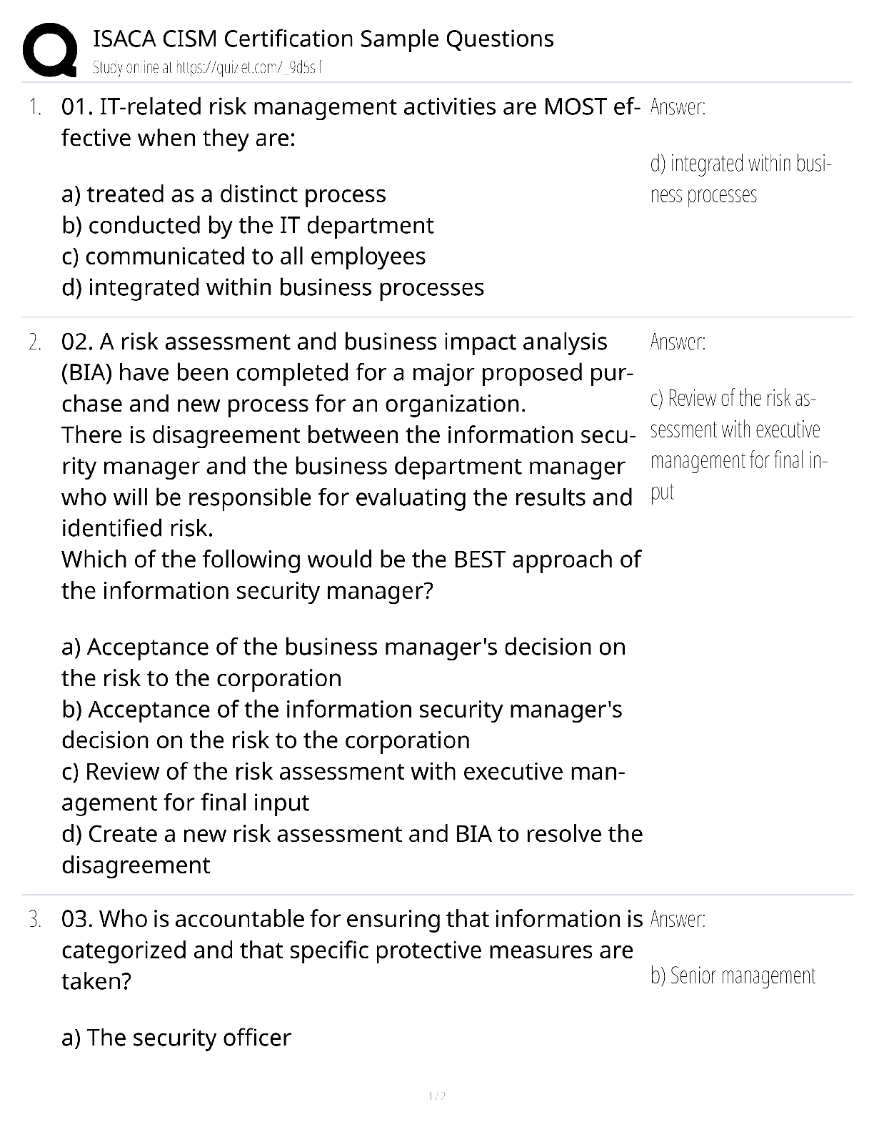 Recommended document preview for ISACA CISM Sample Questions / Score 100% / New Version 2025 Update / Certification Exam Prep
