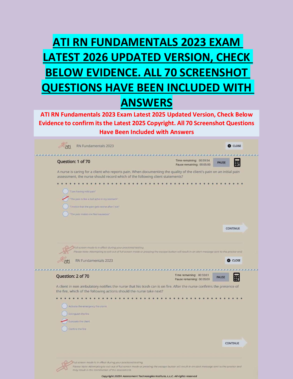 Recommended document preview for ATI RN FUNDAMENTALS 2023 EXAM  LATEST 2026 UPDATED VERSION, CHECK  BELOW EVIDENCE. ALL 70 SCREENSHOT  QUESTIONS HAVE BEEN INCLUDED WITH  ANSWERS