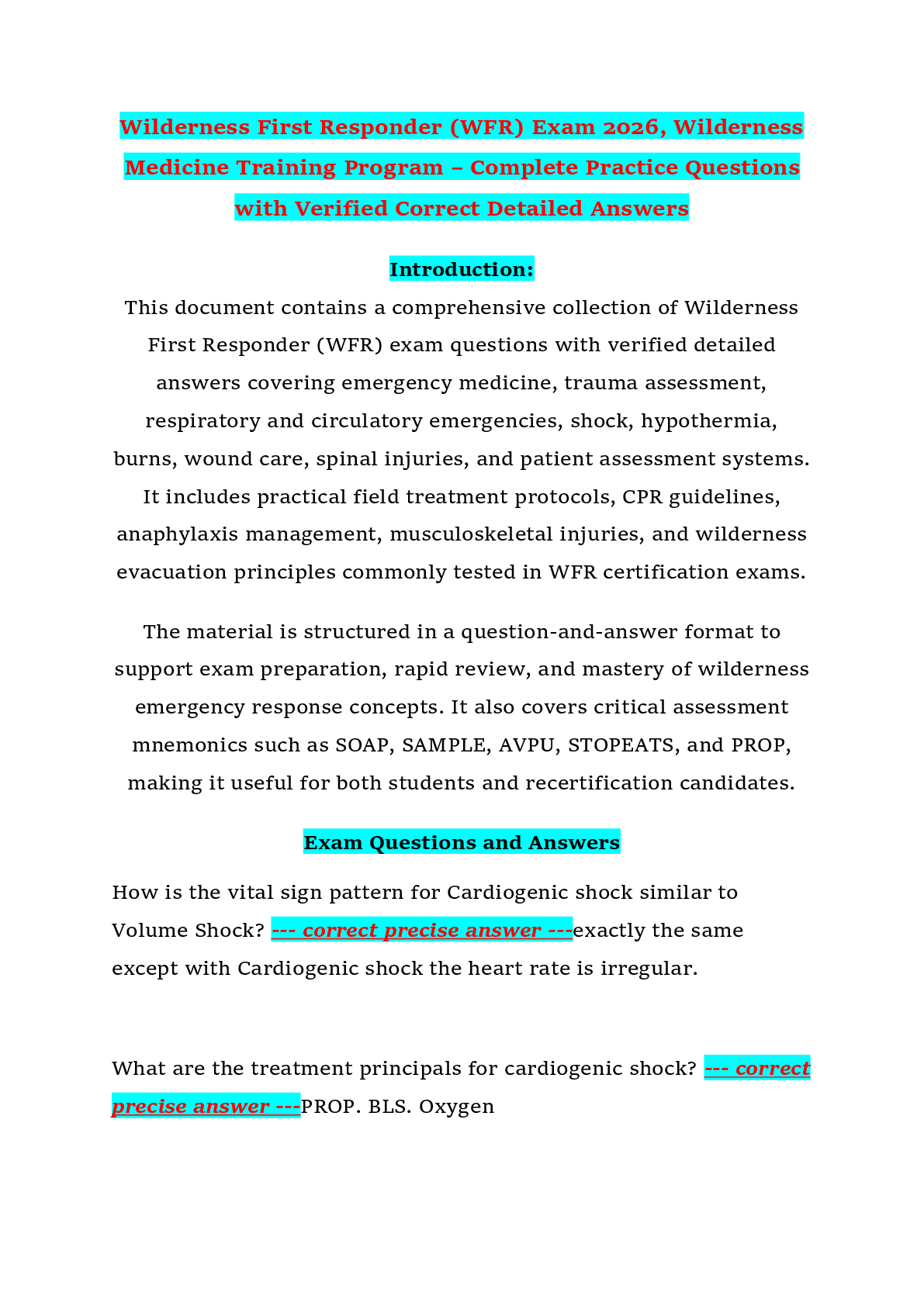 Preview of Wilderness First Responder (WFR) Exam 2026, Wilderness Medicine Training Program – Complete Practice Questions with Verified Correct Detailed Answers