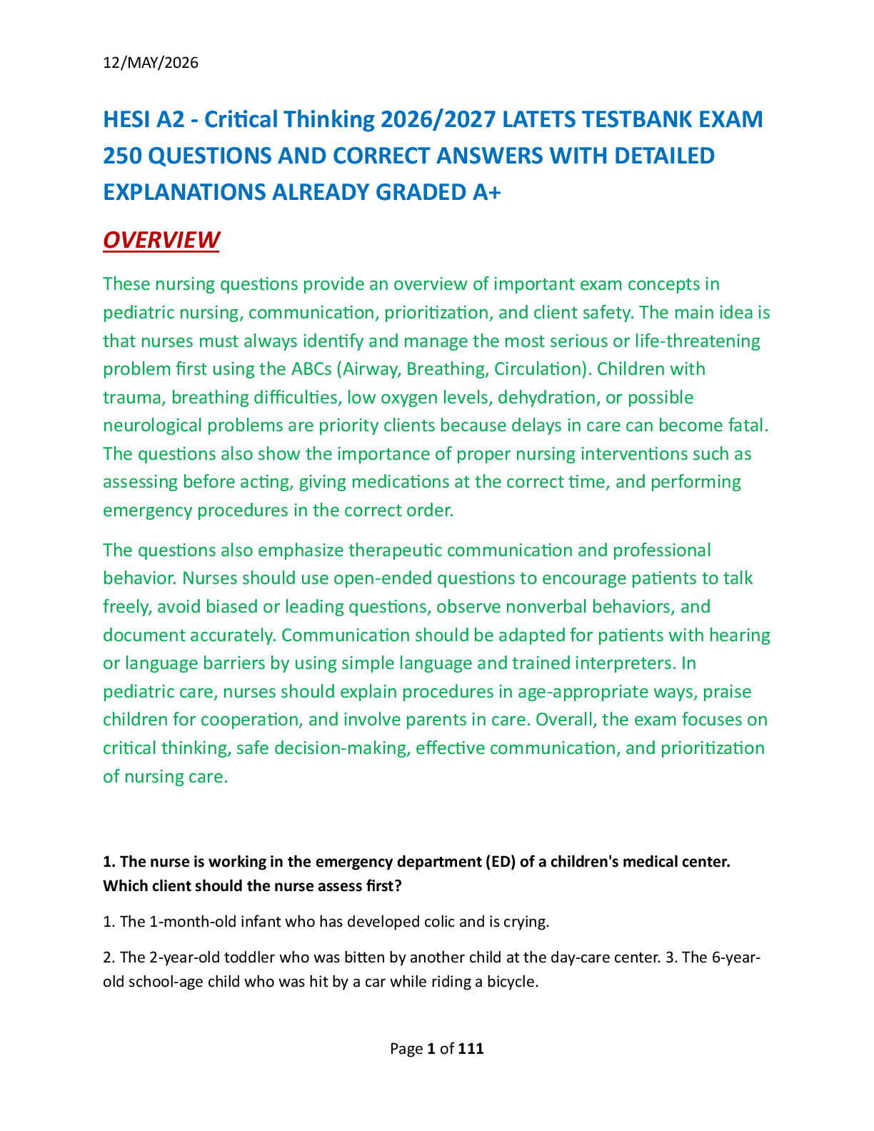 HESI A2 - Critical Thinking 2026/2027 LATETS TESTBANK EXAM  250 QUESTIONS AND CORRECT ANSWERS WITH DETAILED  EXPLANATIONS ALREADY GRADED A+