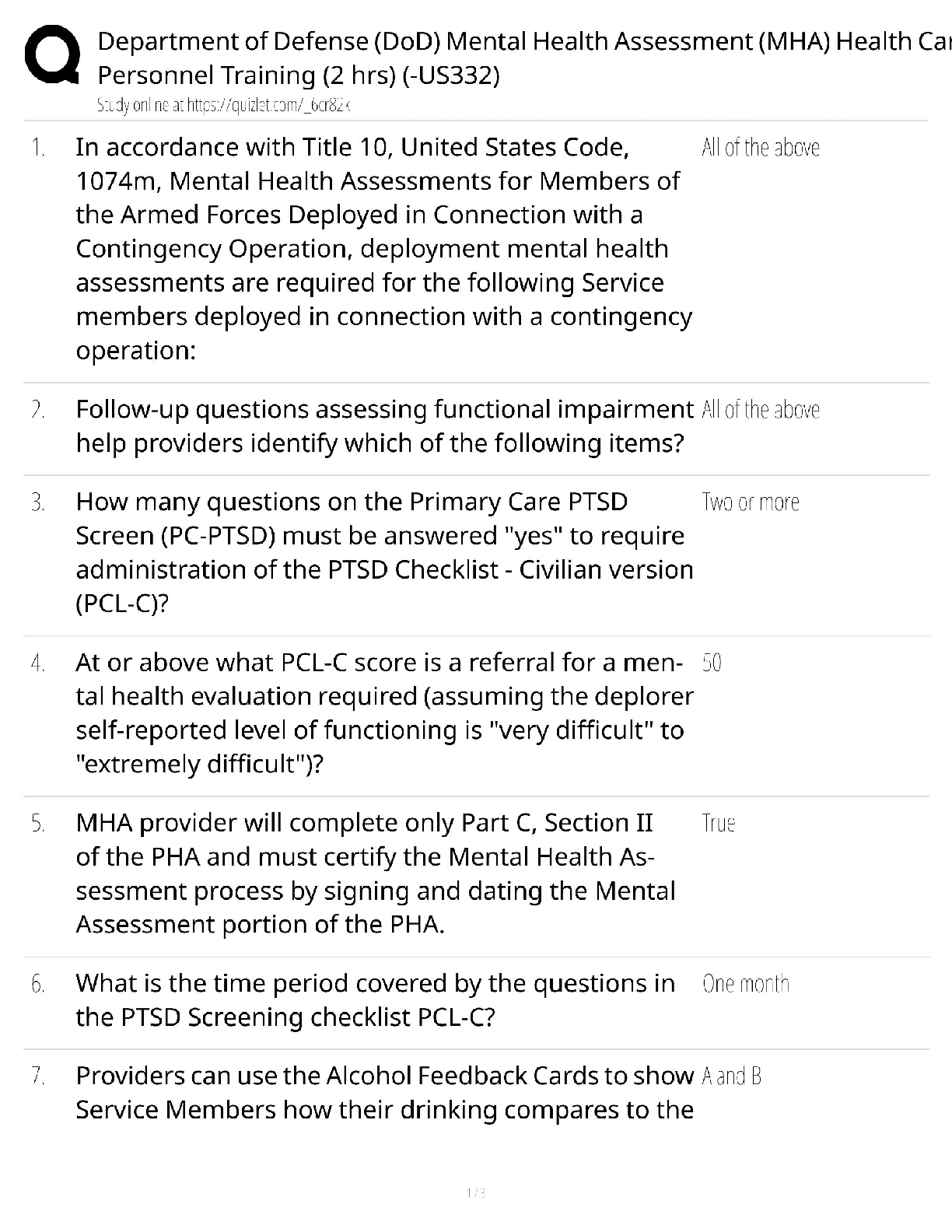 DoD Mental Health Assessment Training / Score 100% / New Version / 2025 Update