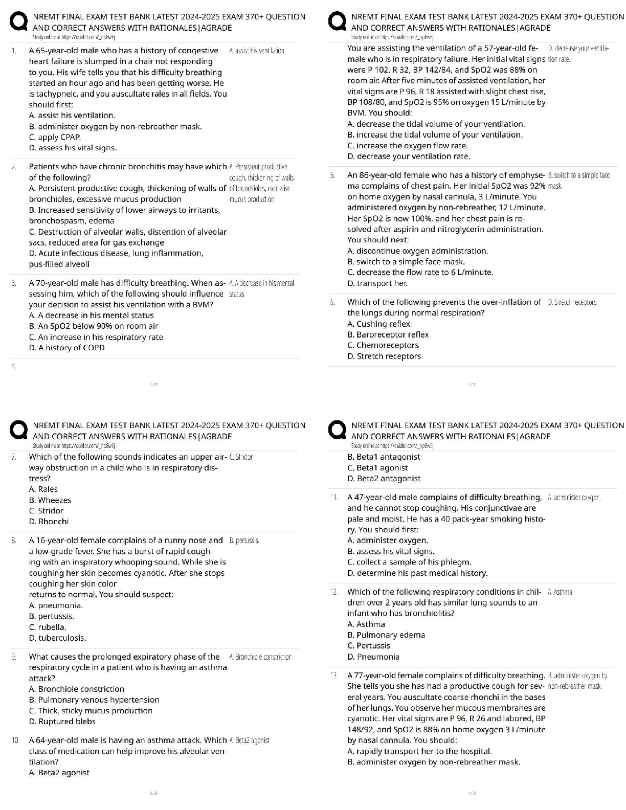 Recommended document preview for NREMT FINAL EXAM TEST BANK LATEST 2024-2025 / EMT Cognitive Exam 370 Questions / Score 100%