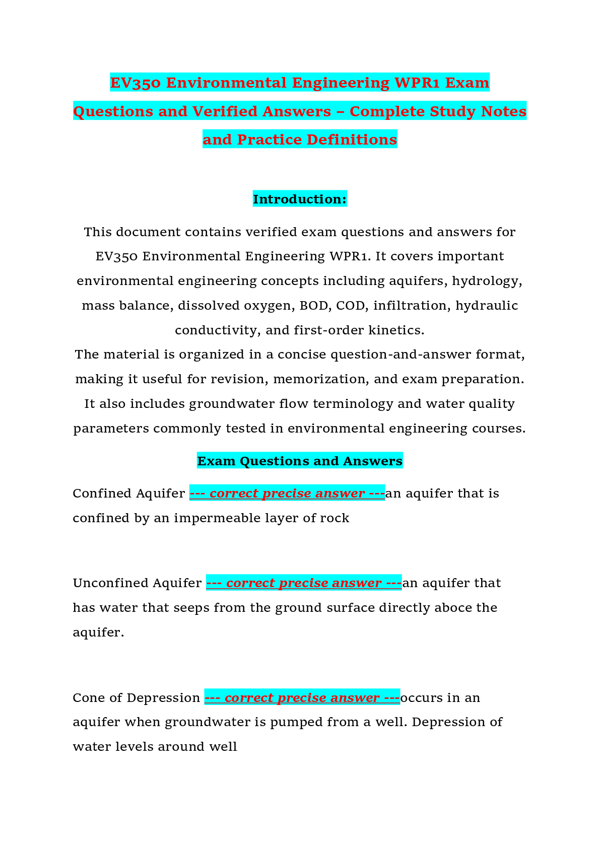 Preview of EV350 Environmental Engineering WPR1 Exam Questions and Verified Answers – Complete Study Notes and Practice Definitions