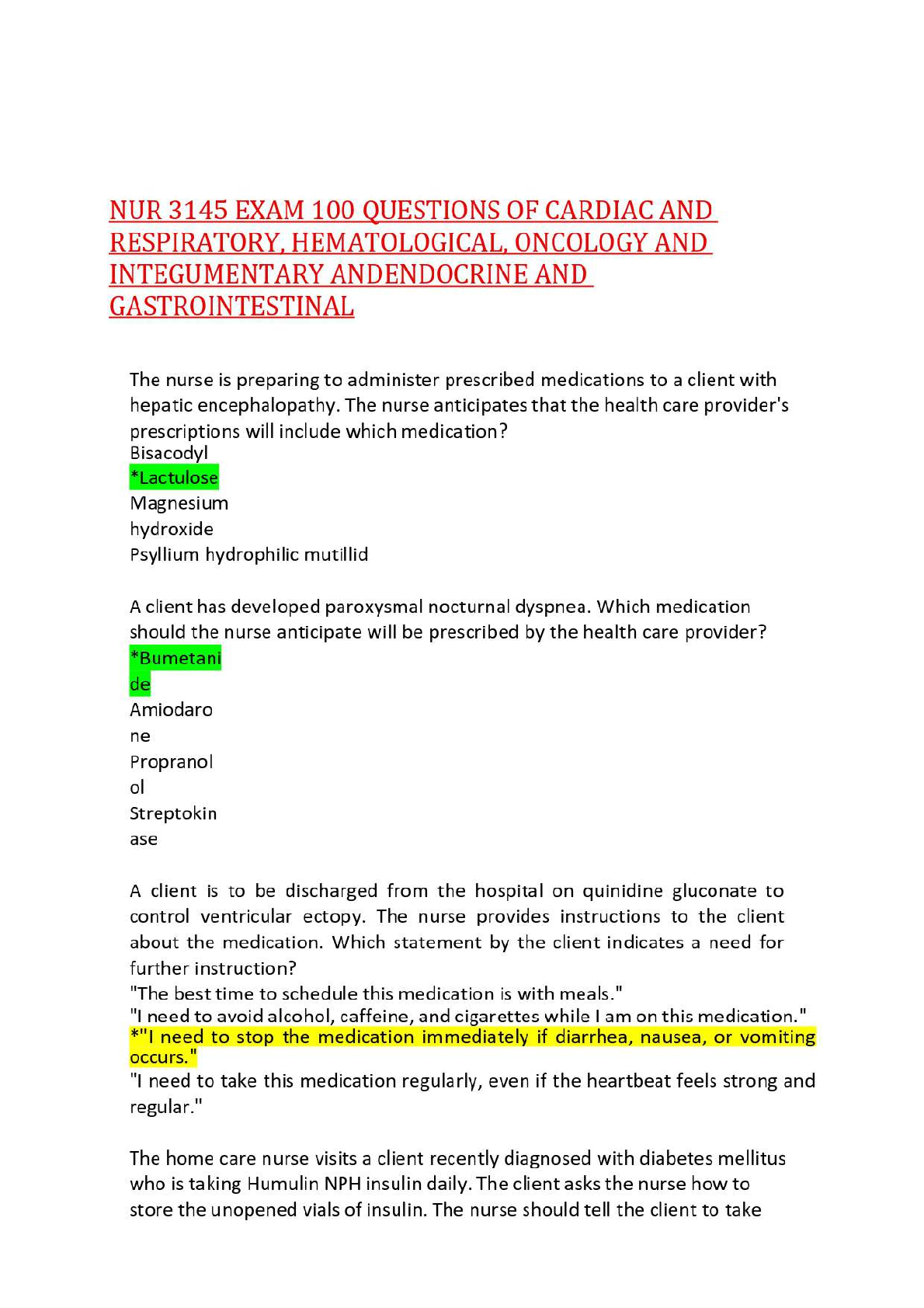 Preview of NUR 3145 EXAM 100 QUESTIONS OF CARDIAC AND RESPIRATORY, HEMATOLOGICAL, ONCOLOGY AND INTEGU