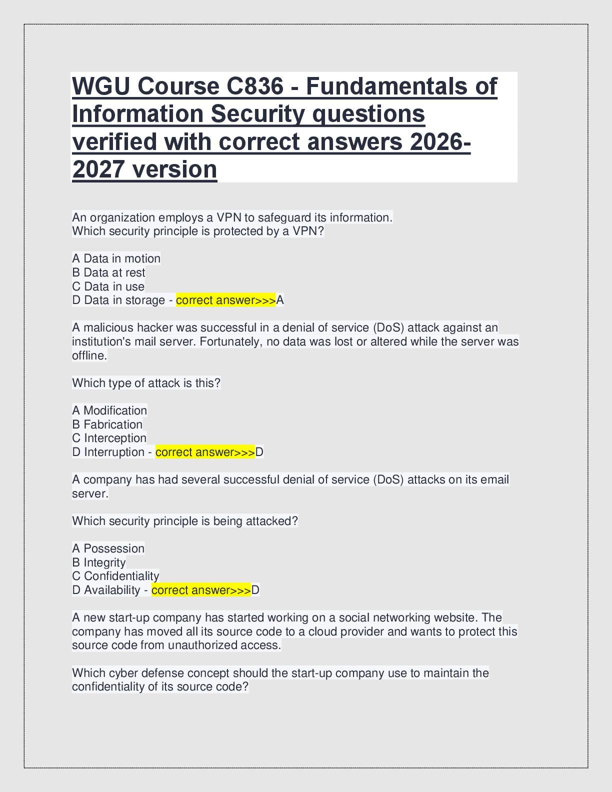 Preview image for WGU Course C836 - Fundamentals of  Information Security questions  verified with correct answers 2026 2027 version