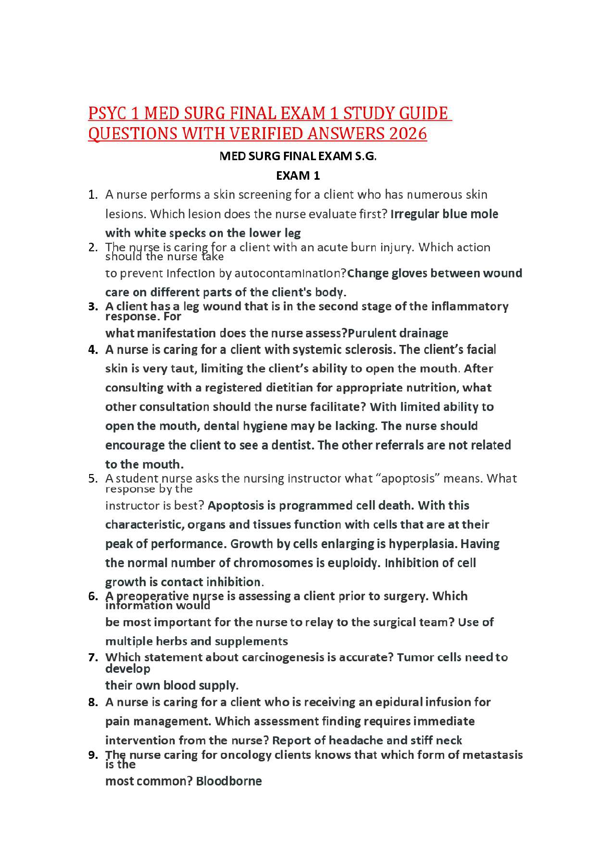 Preview image for PSYC 1 MED SURG FINAL EXAM 1 STUDY GUIDE QUESTIONS WITH VERIFIED ANSWERS 2026,100%CORRECT
