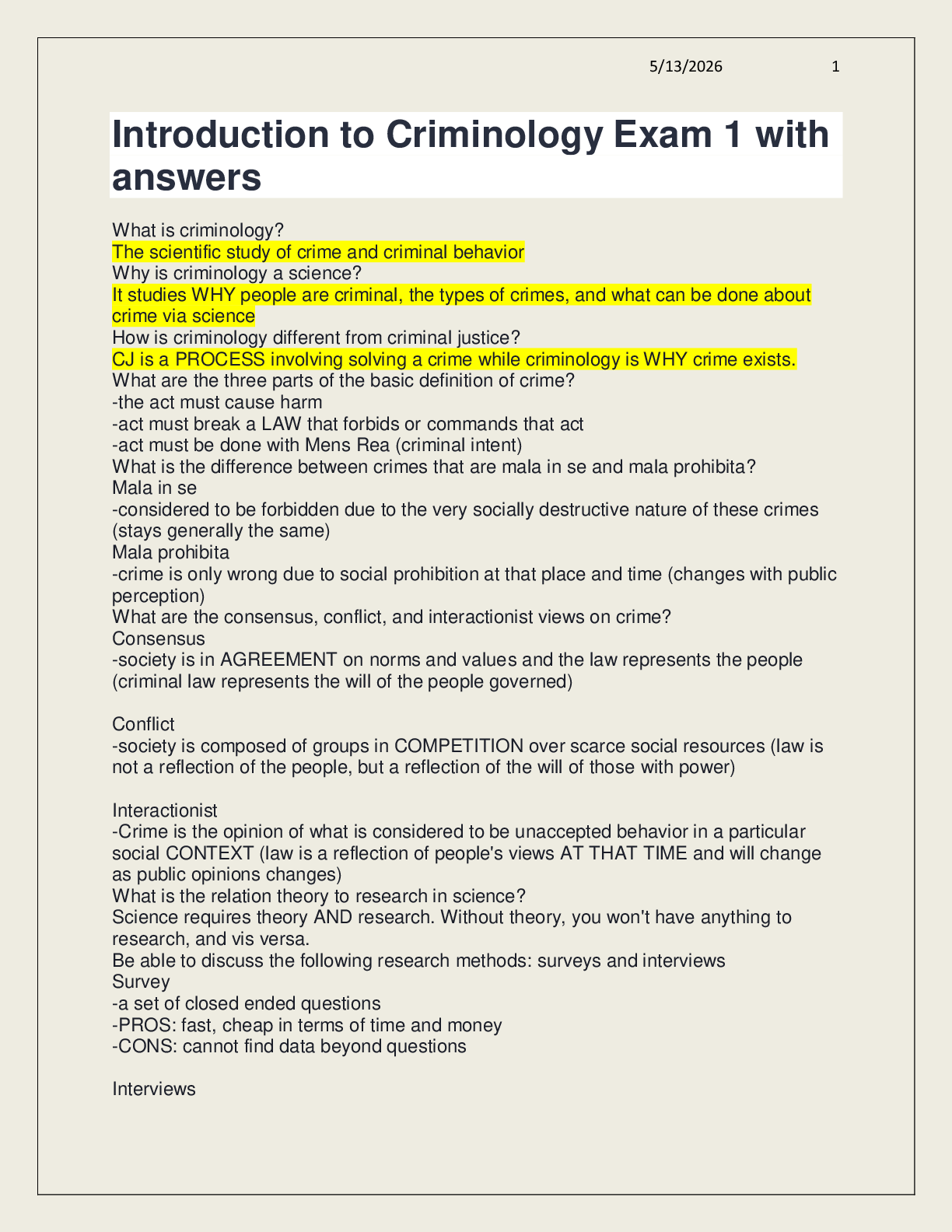 Preview of Introduction to Criminology Exam 1 with answers