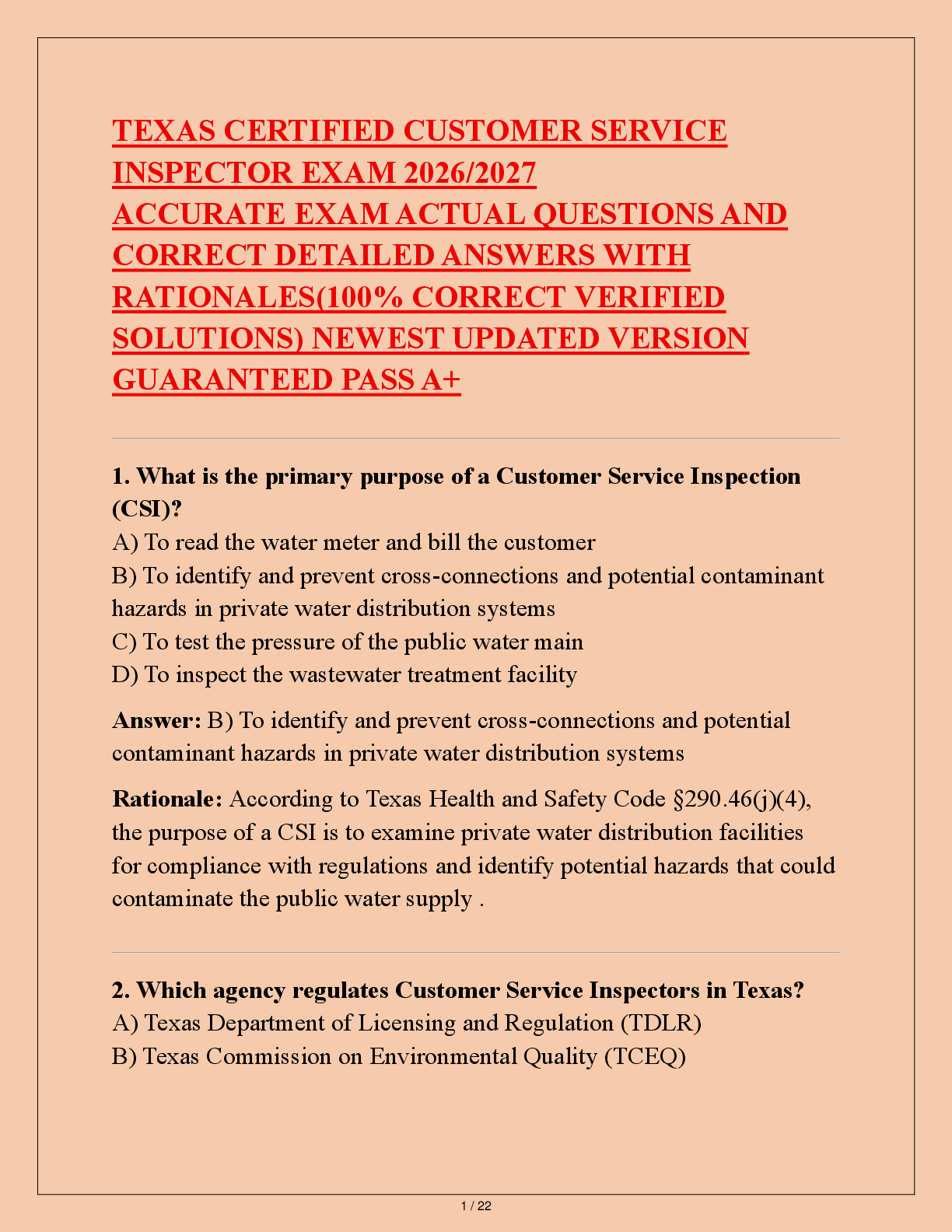 Preview of TEXAS CERTIFIED CUSTOMER SERVICE  INSPECTOR EXAM 2026/2027  ACCURATE EXAM ACTUAL QUESTIONS AND  CORRECT DETAILED ANSWERS WITH  RATIONALES(100% CORRECT VERIFIED  SOLUTIONS) NEWEST UPDATED VERSION  GUARANTEED PASS A+