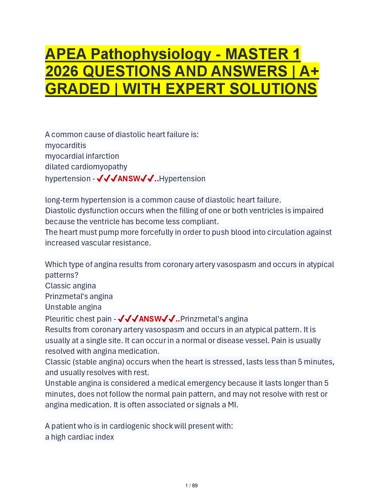 Preview of APEA Pathophysiology - MASTER 1  2026 QUESTIONS AND ANSWERS | A+  GRADED | WITH EXPERT SOL