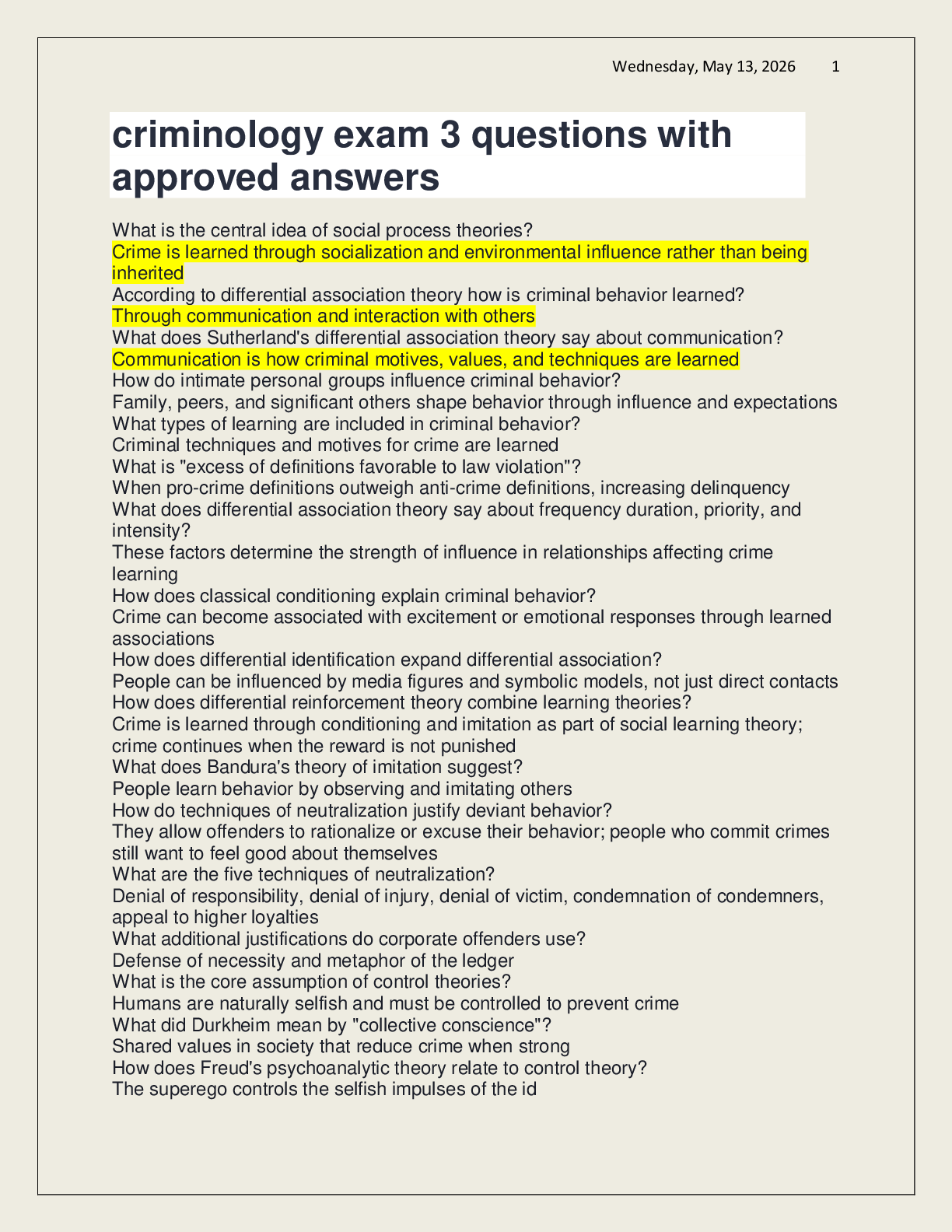 Preview of criminology exam 3 questions with approved answers