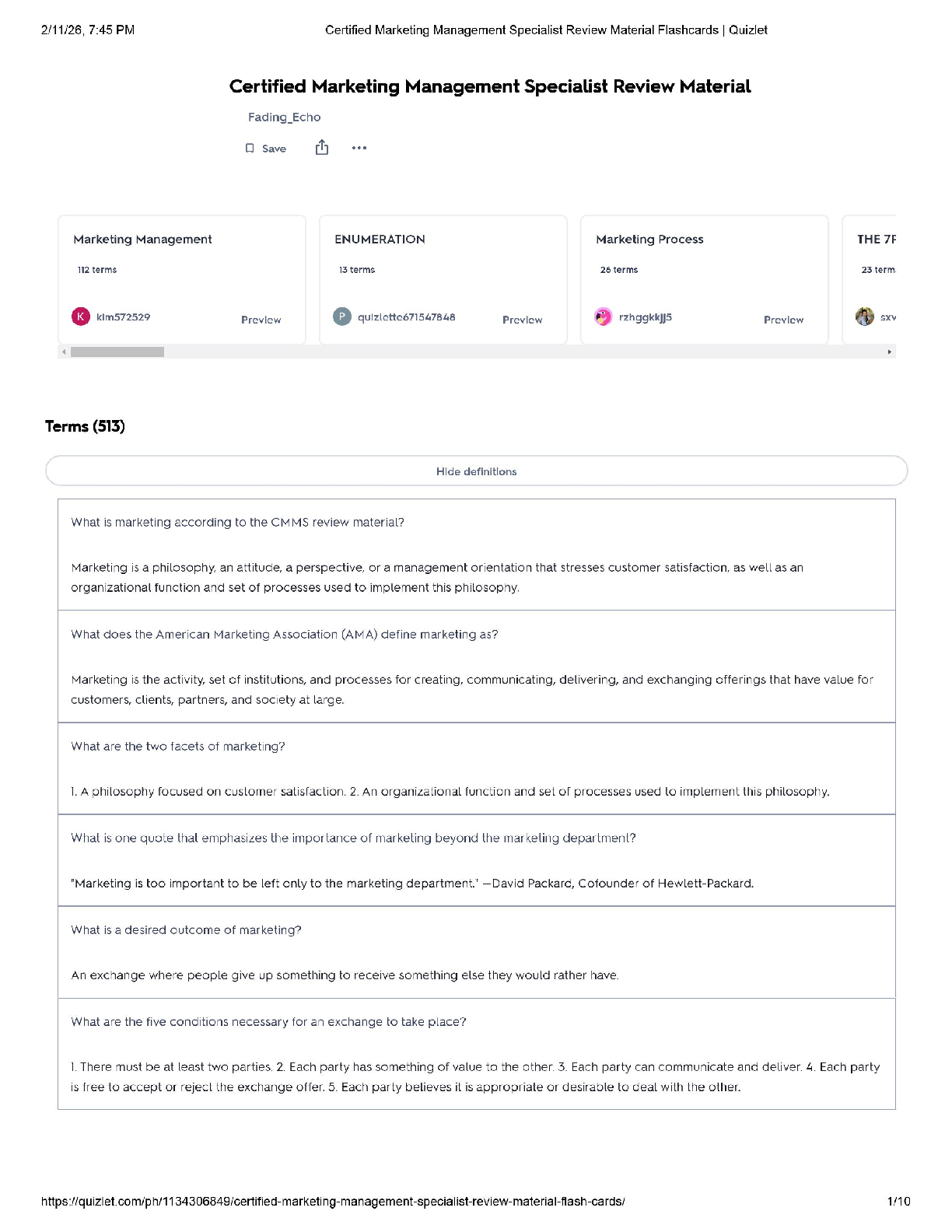 Certified Marketing Management Specialist / Score 100% / New Version 2025 Update / Flashcards Quizlet Review