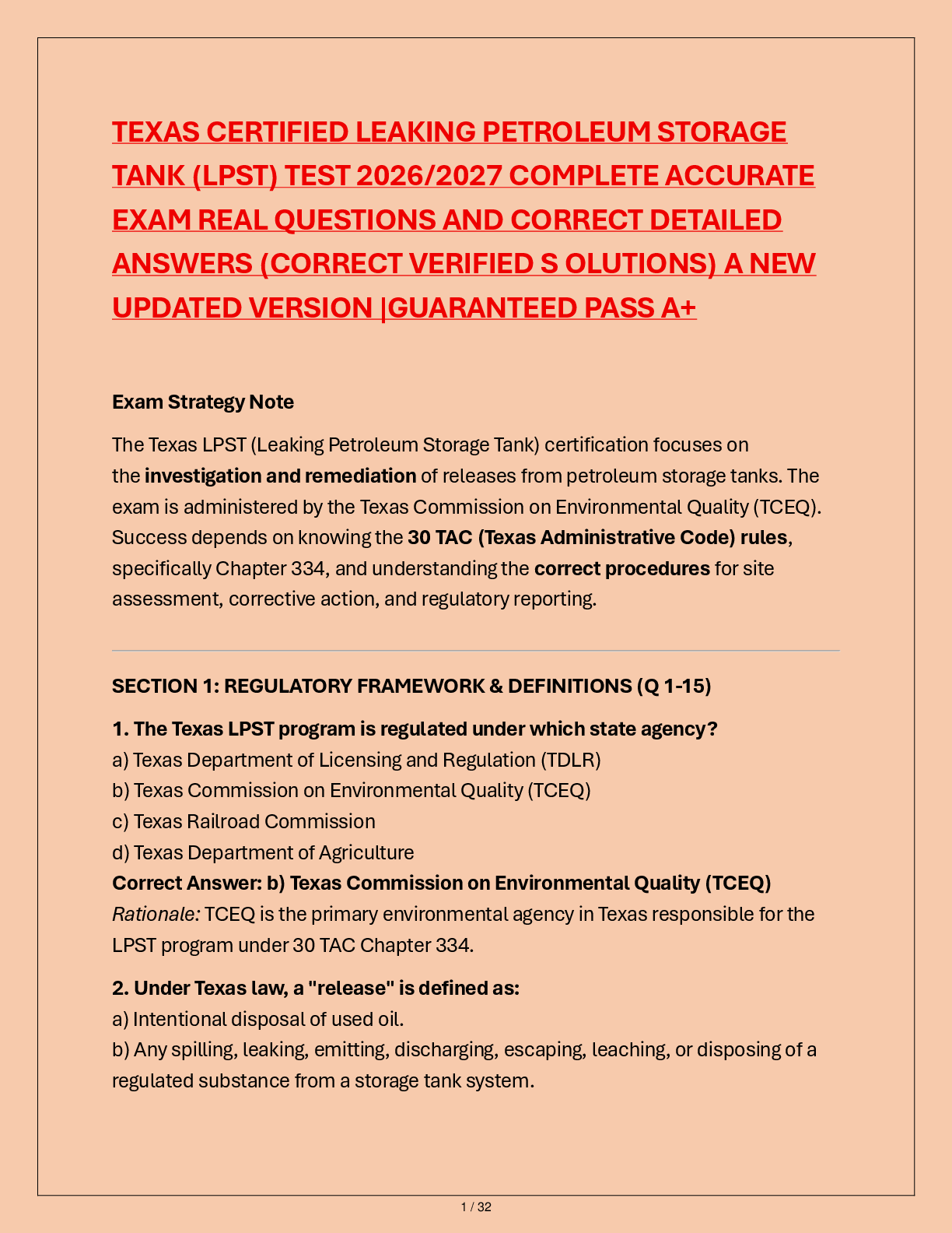 Preview of TEXAS CERTIFIED LEAKING PETROLEUM STORAGE  TANK (LPST) TEST 2026/2027 COMPLETE ACCURATE  EXAM REAL QUESTIONS AND CORRECT DETAILED  ANSWERS (CORRECT VERIFIED S OLUTIONS) A NEW  UPDATED VERSION |GUARANTEED PASS A+