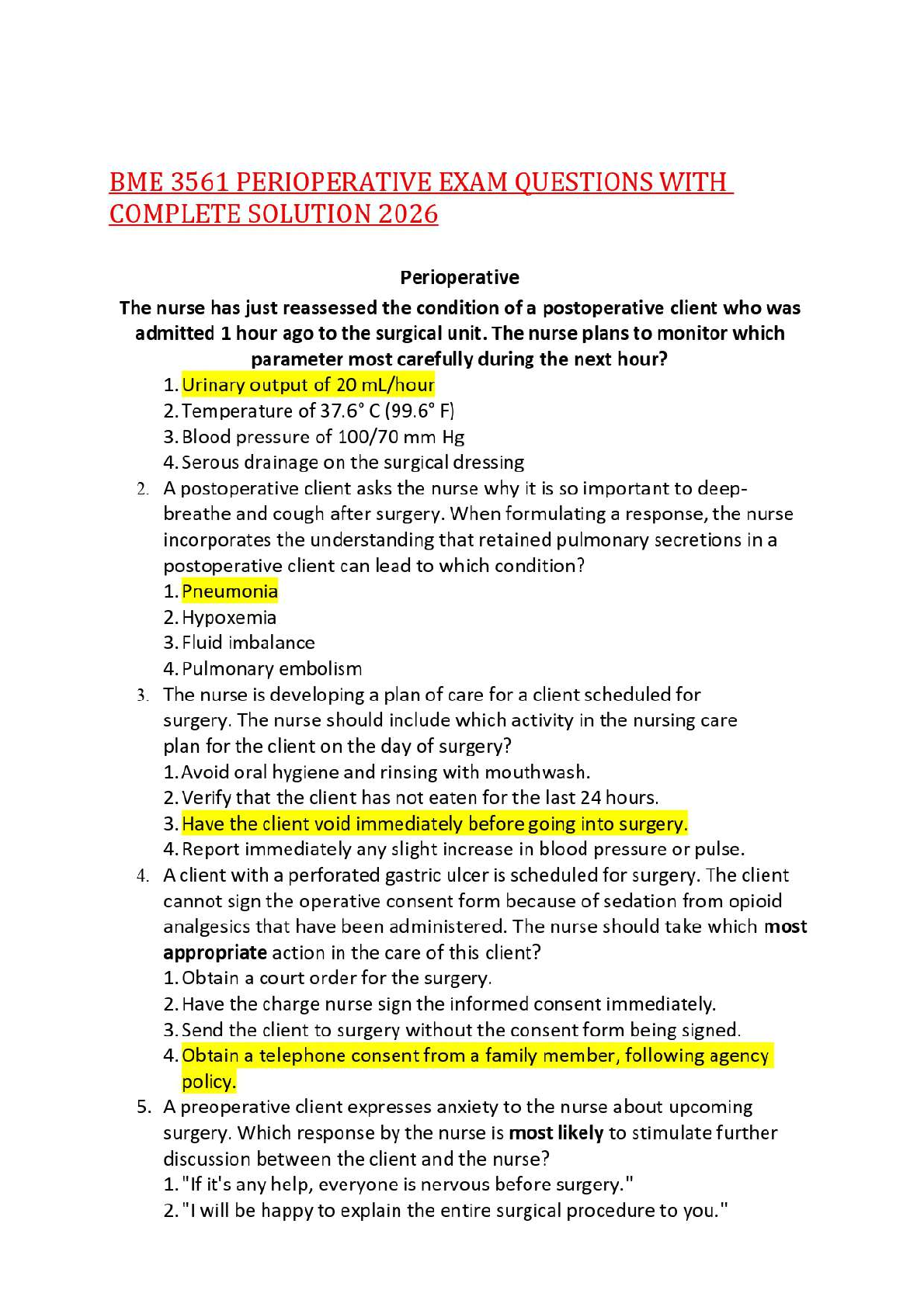 Recommended document preview for BME 3561 PERIOPERATIVE EXAM QUESTIONS WITH COMPLETE SOLUTION 2026,100%CORRECT