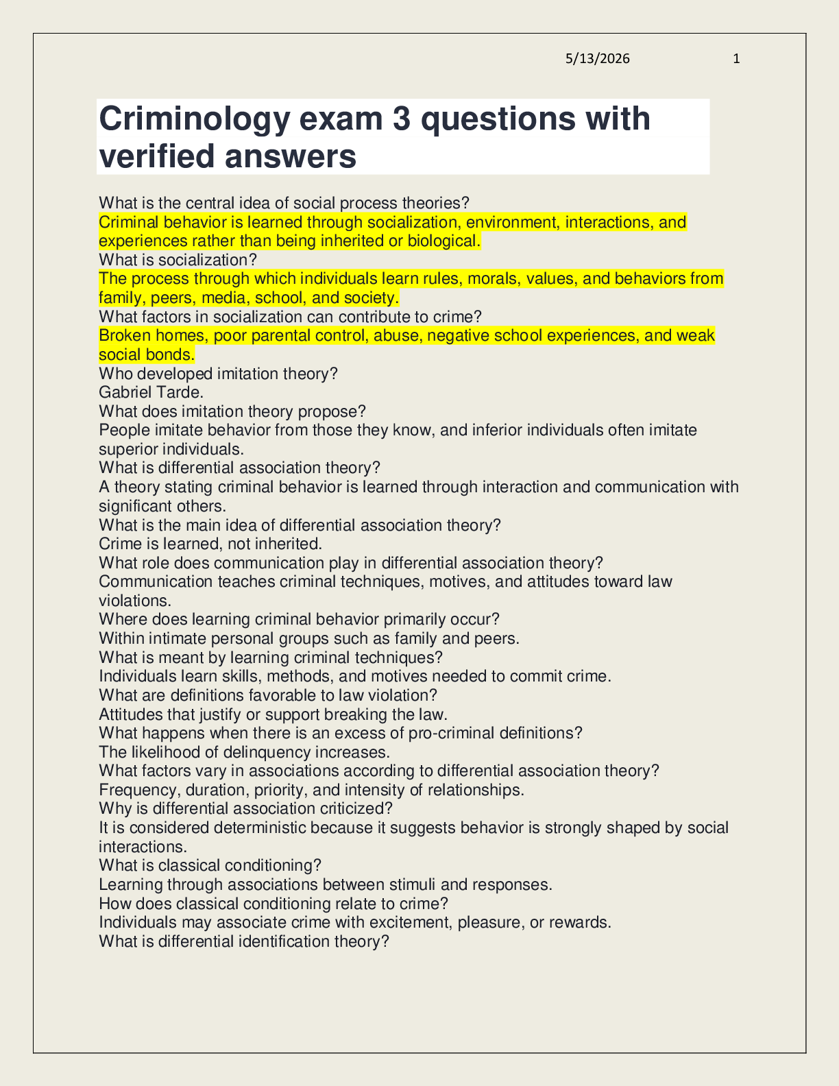 Preview of Criminology exam 3 questions with verified answers