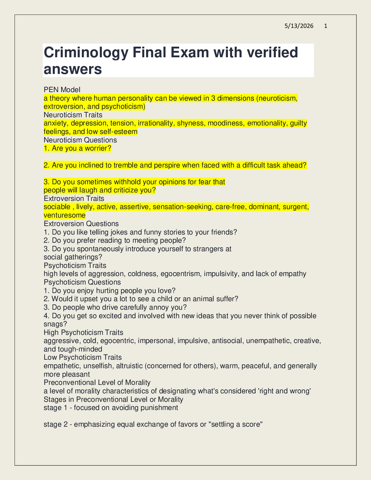Preview image for Criminology Final Exam with verified answers