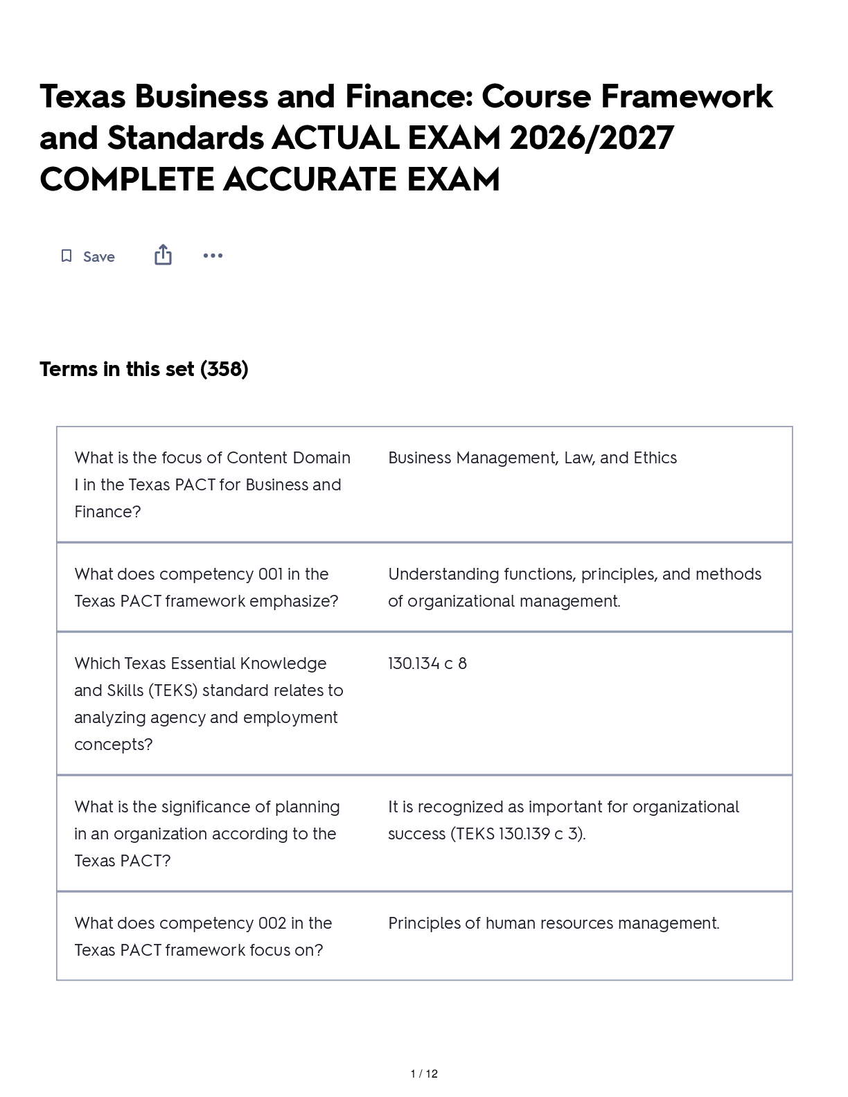 Preview of Texas Business and Finance: Course Framework and Standards ACTUAL EXAM 2026/2027 COMPLETE ACCURATE EXAM