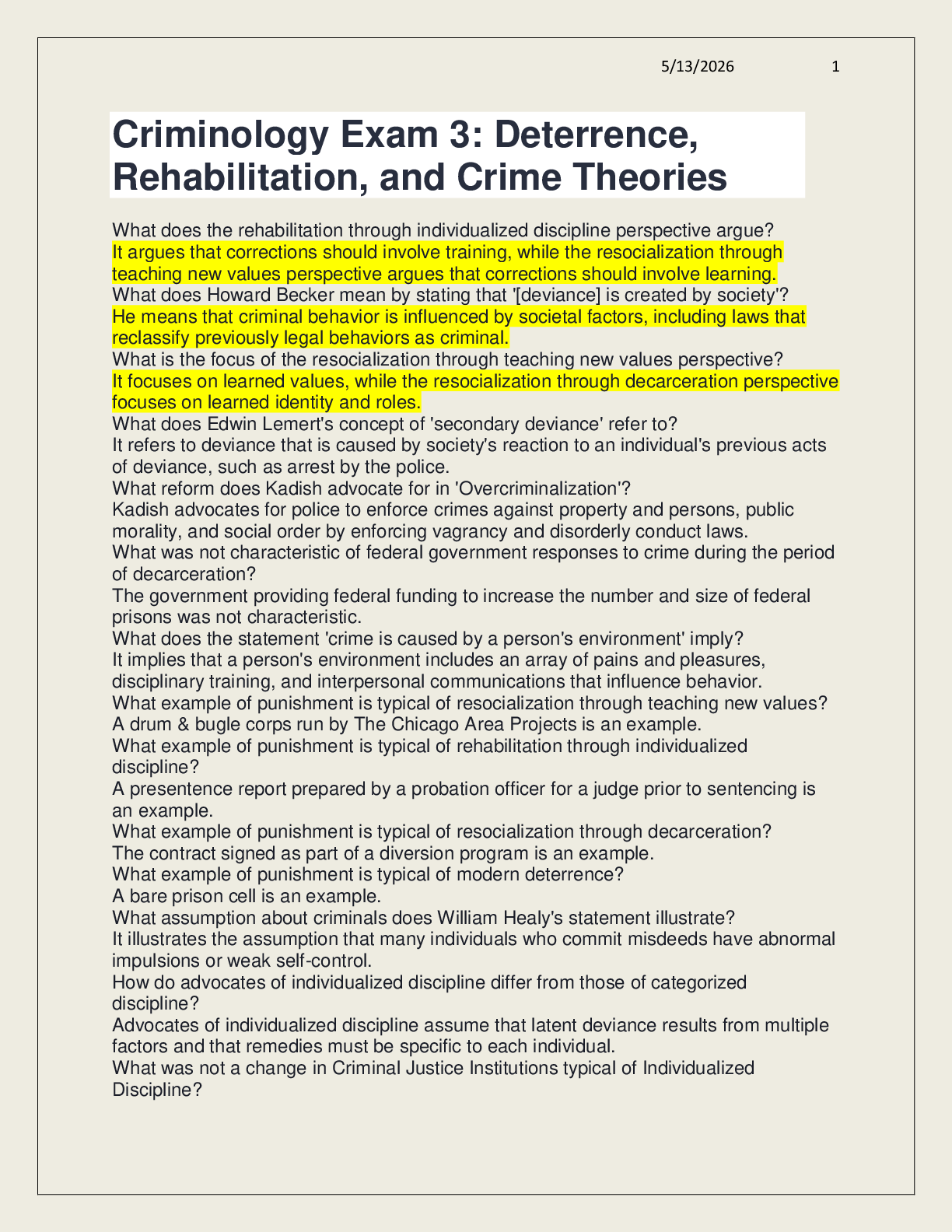 Criminology Exam 3: Deterrence, Rehabilitation, and Crime Theories