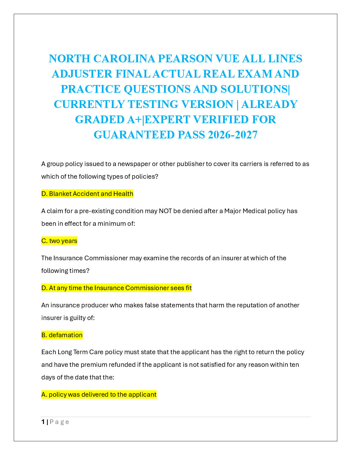 Recommended document preview for NORTH CAROLINA PEARSON VUE ALL LINES  ADJUSTER FINAL ACTUAL REAL EXAM AND  PRACTICE QUESTIONS AND SOLUTIONS