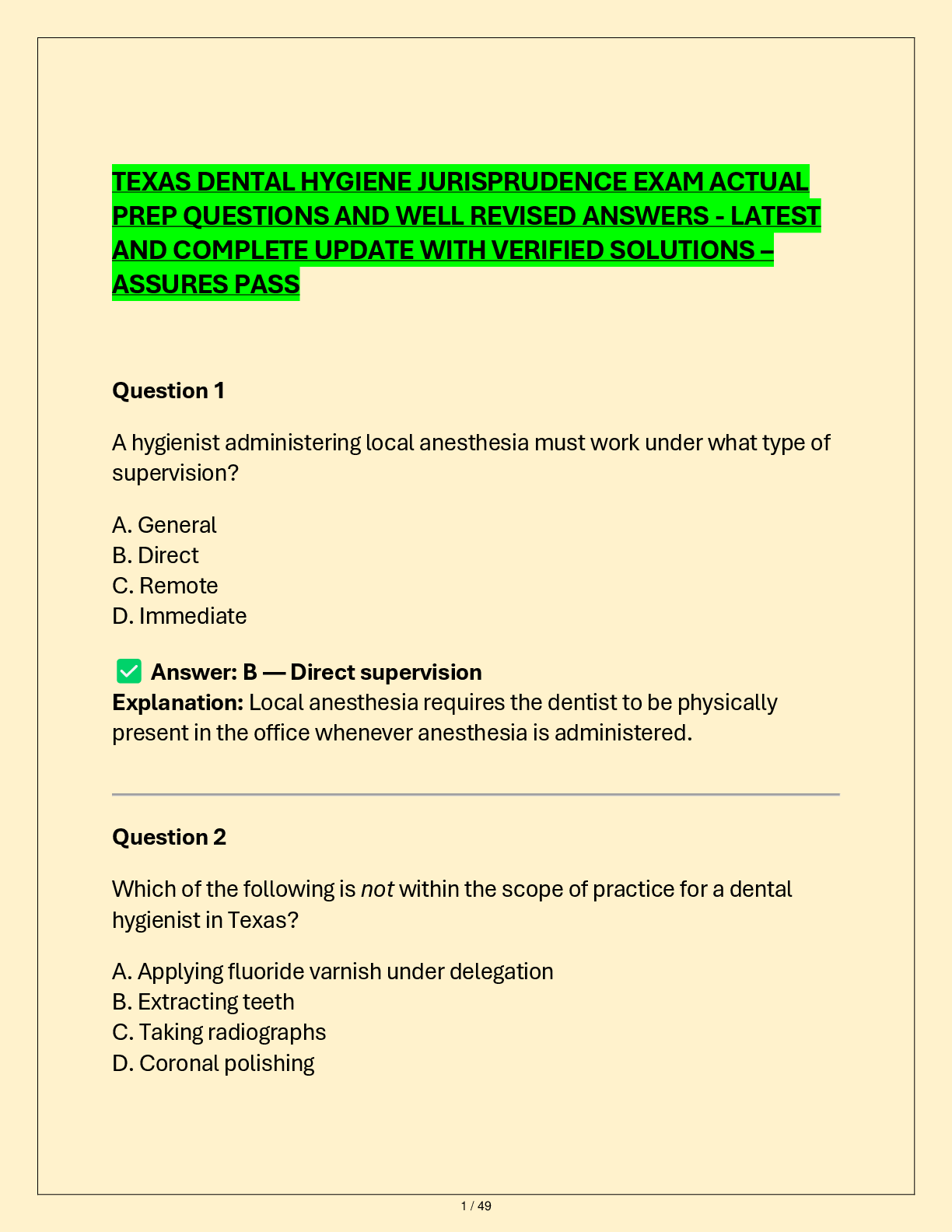 Preview of TEXAS DENTAL HYGIENE JURISPRUDENCE EXAM ACTUAL  PREP QUESTIONS AND WELL REVISED ANSWERS - LATEST  AND COMPLETE UPDATE WITH VERIFIED SOLUTIONS –  ASSURES PASS