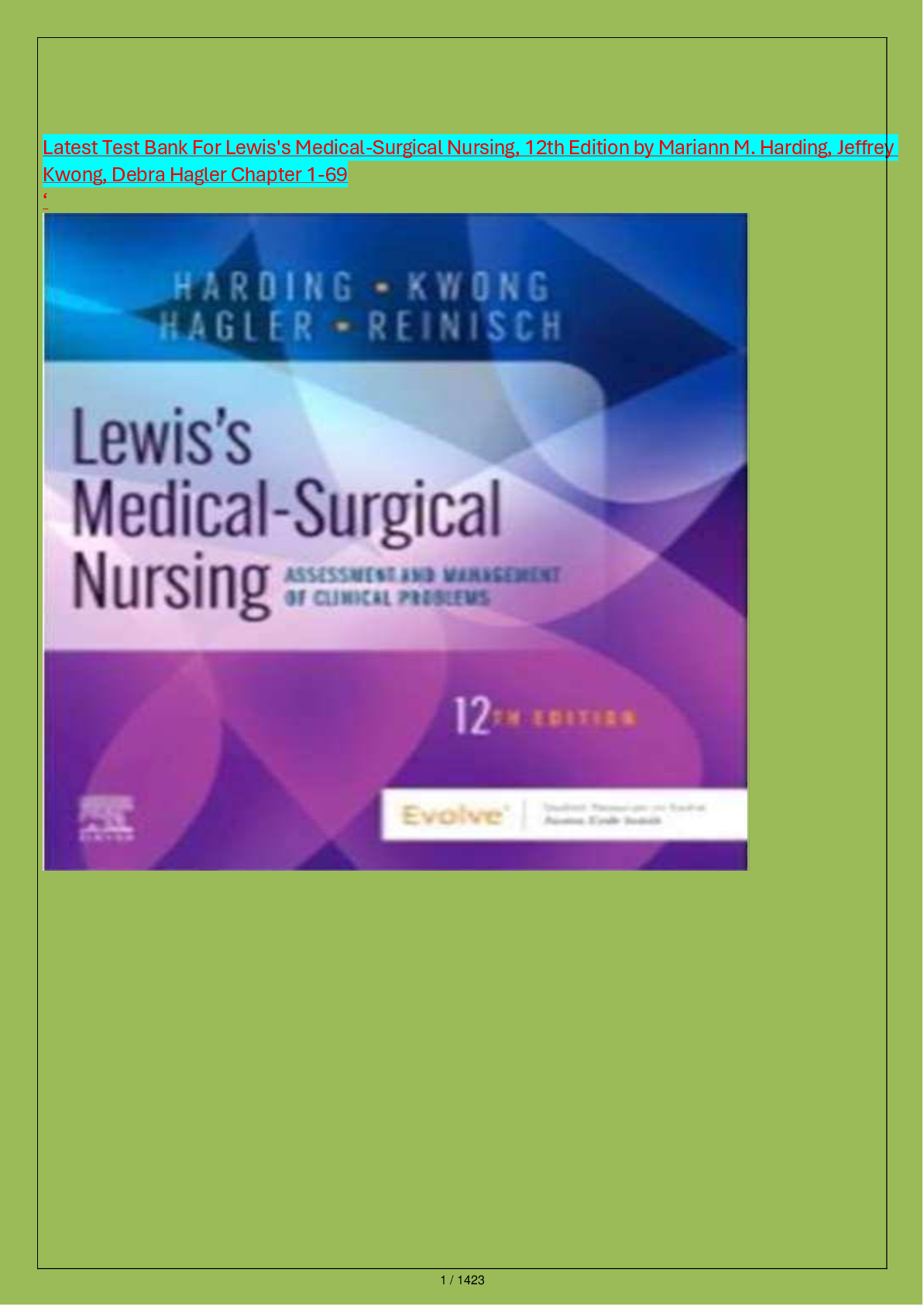 Preview of Latest Test Bank For Lewis's Medical-Surgical Nursing, 12th Edition by Mariann M. Harding, Jeffrey  Kwong, Debra Hagler Chapter 1-69