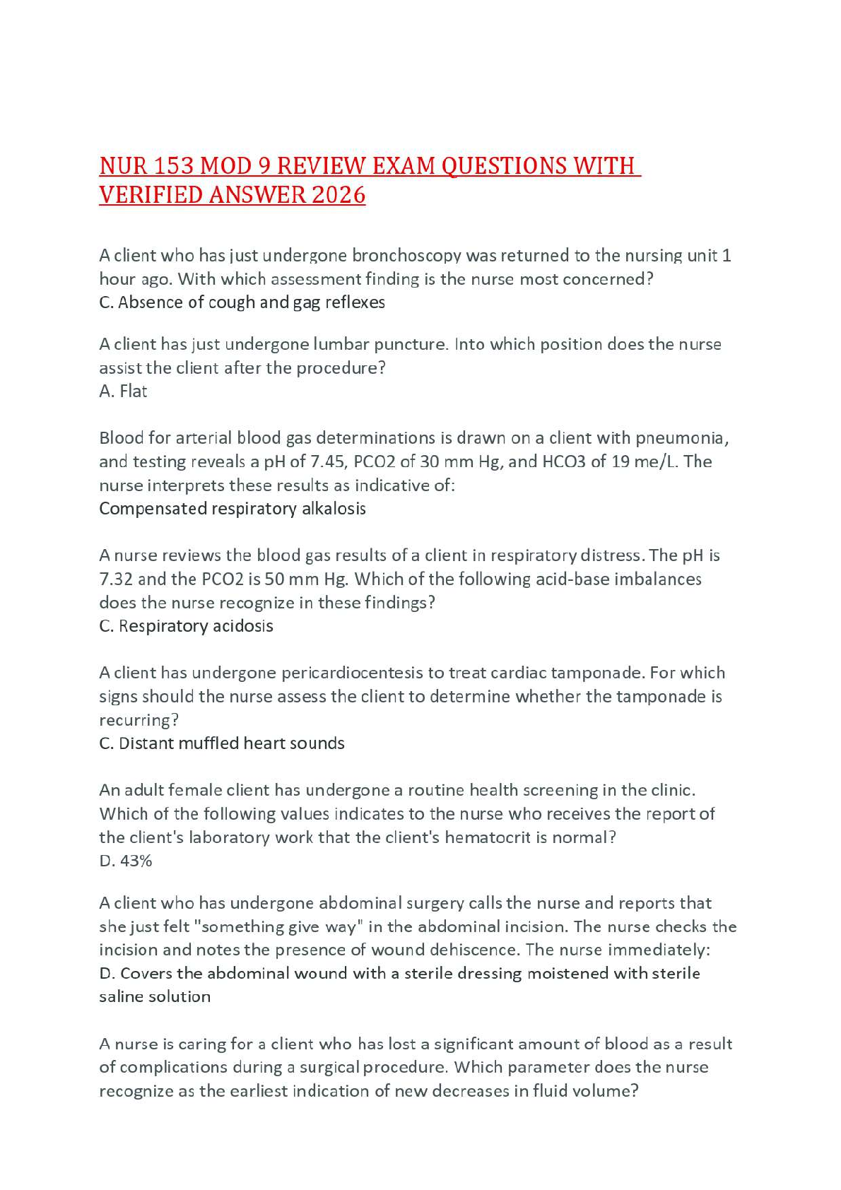 Recommended document preview for NUR 153 MOD 9 REVIEW EXAM QUESTIONS WITH VERIFIED ANSWER 2026,100%CORRECT