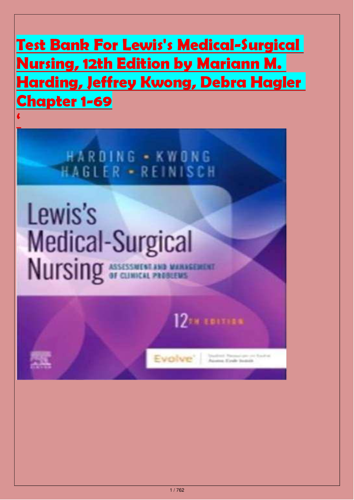 Preview of Test Bank For Lewis's Medical-Surgical  Nursing, 12th Edition by Mariann M.  Harding, Jeffrey Kwong, Debra Hagler  Chapter 1-69