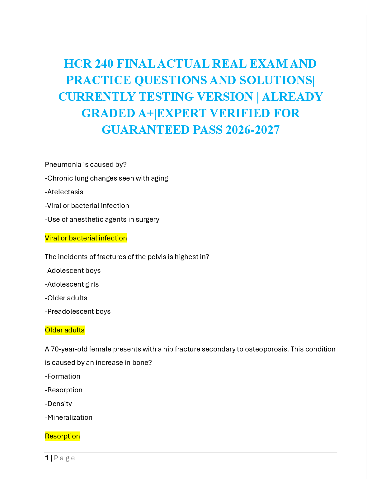 Recommended document preview for HCR 240 FINAL ACTUAL REAL EXAM AND  PRACTICE QUESTIONS AND SOLUTIONS