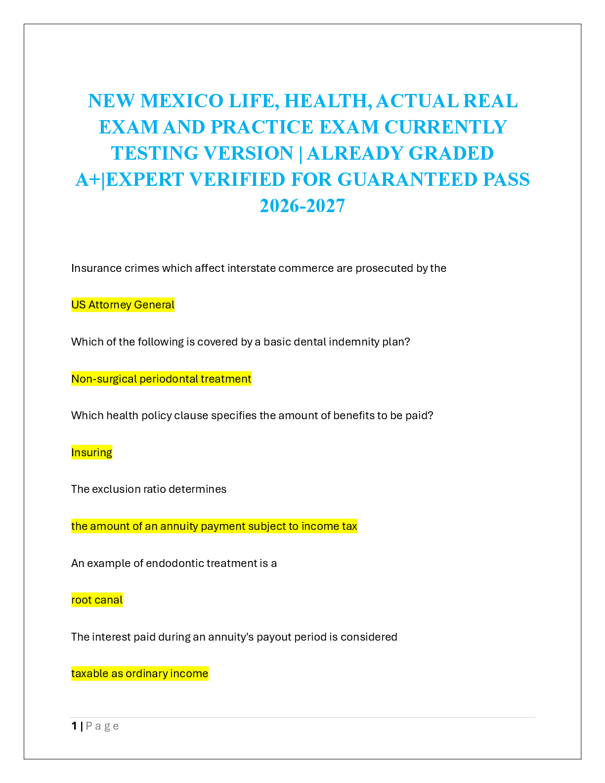 Recommended document preview for NEW MEXICO LIFE, HEALTH, ACTUAL REAL  EXAM AND PRACTICE EXAM