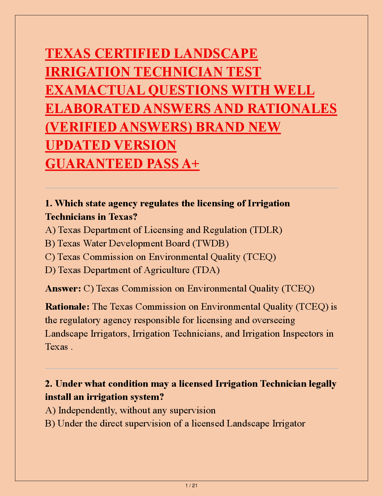Preview of TEXAS CERTIFIED LANDSCAPE  IRRIGATION TECHNICIAN TEST  EXAMACTUAL QUESTIONS WITH WELL  ELABORATED ANSWERS AND RATIONALES  (VERIFIED ANSWERS) BRAND NEW  UPDATED VERSION  GUARANTEED PASS A+