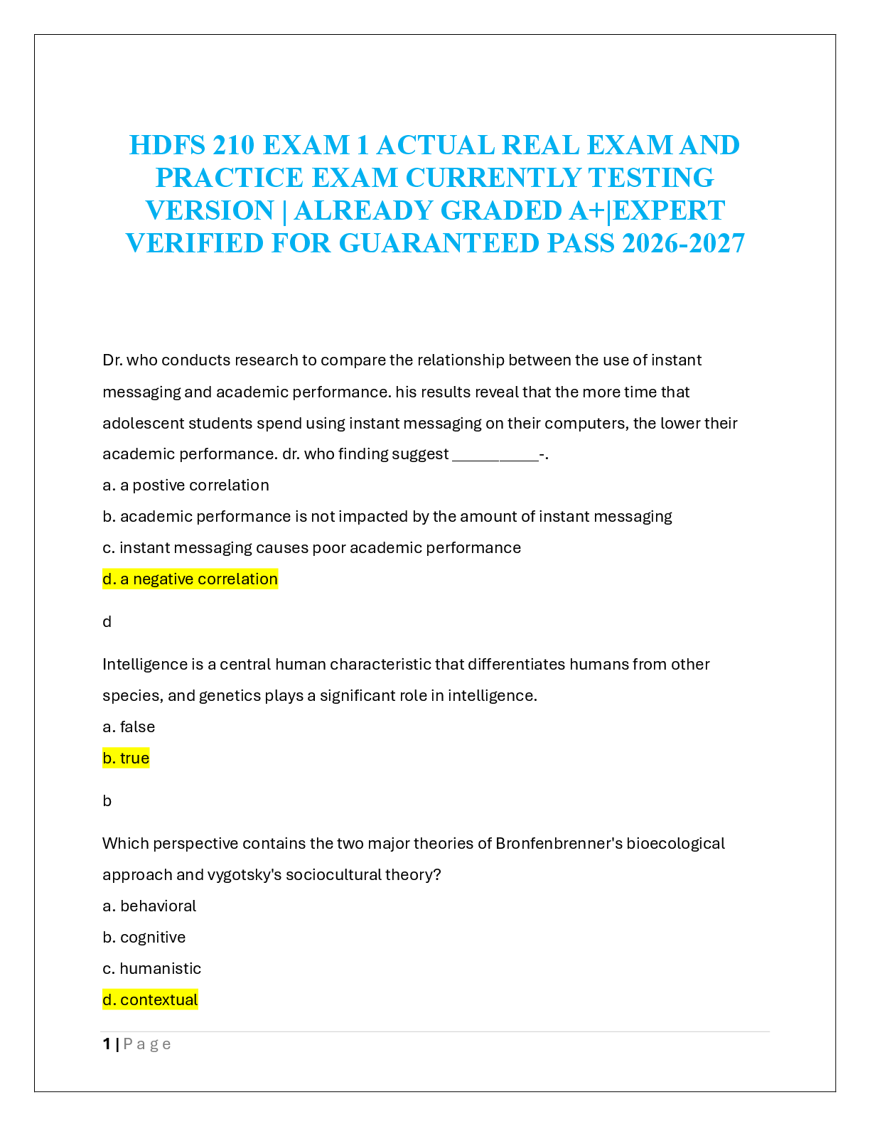 Recommended document preview for HDFS 210 EXAM 1 ACTUAL REAL EXAM AND  PRACTICE EXAM